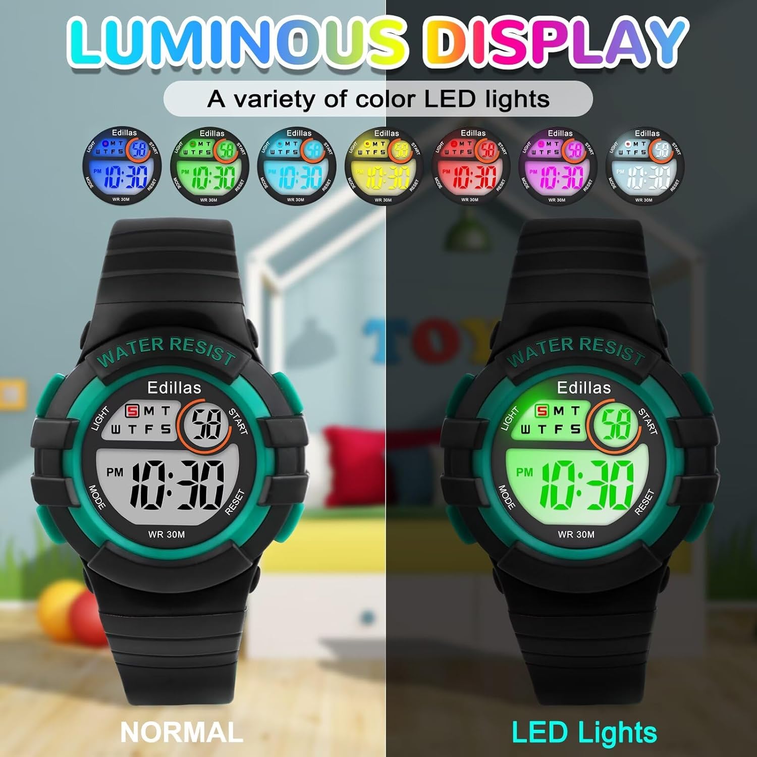 Comparison of normal display and LED illuminated display with various color options
