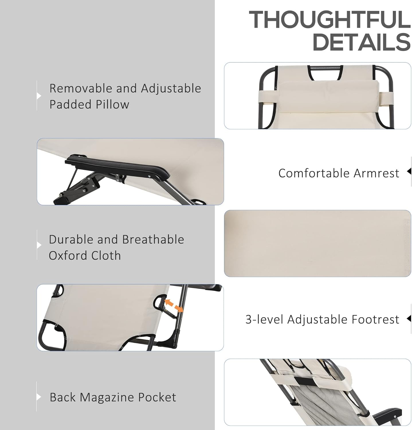 Outsunny Folding Chaise Lounge Chair for Outside, 2-in-1 Tanning Chair with Pillow & Pocket, Adjustable Pool Chair for Beach, Patio, Lawn, Deck, Cream White