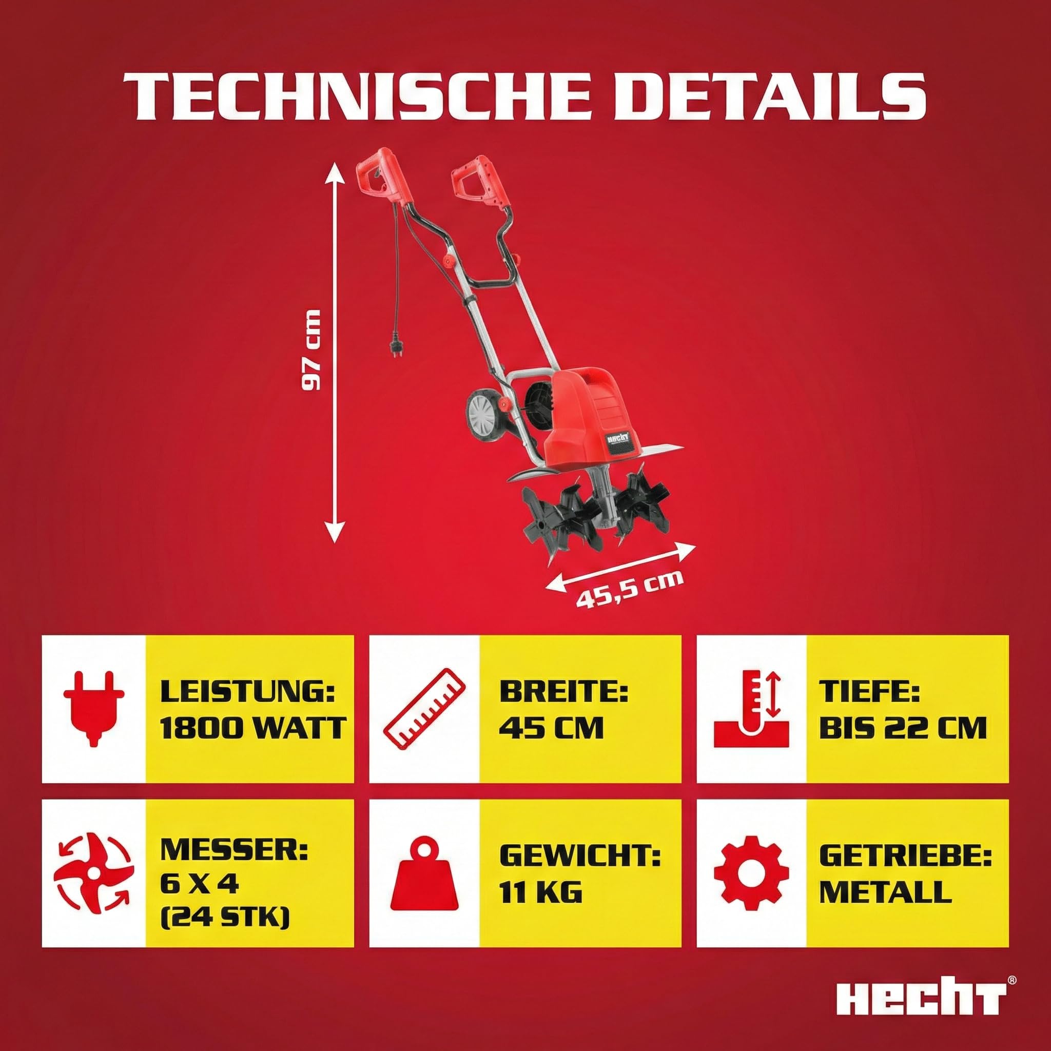 HECHT Elektro Gartenfräse 1800 W 45 cm Arbeitsbreite | Elektrische Motorhacke, Bodenfräse und Bodenhacke, Metallgetriebe, 24 Stahlmesser, 11 kg, ohne Benzin