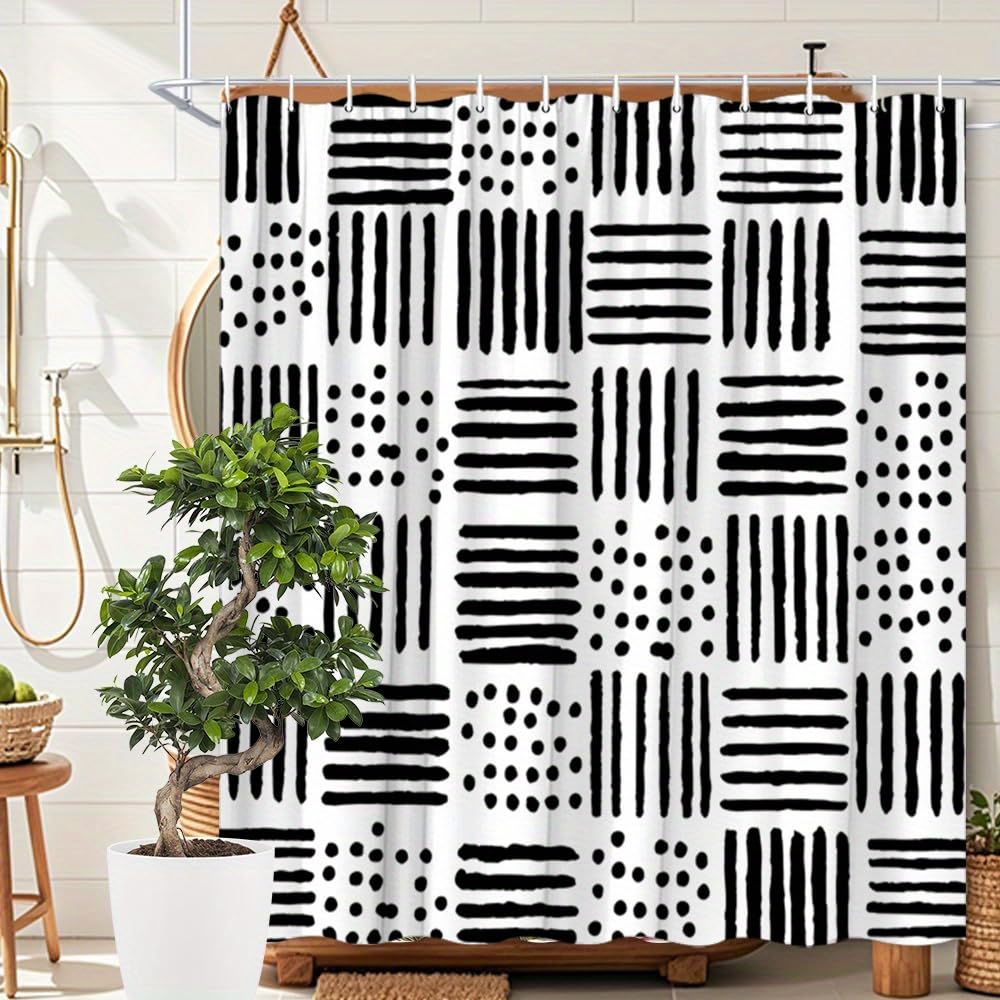 Rideau de douche minimaliste noir et blanc avec crochets 75x190cm