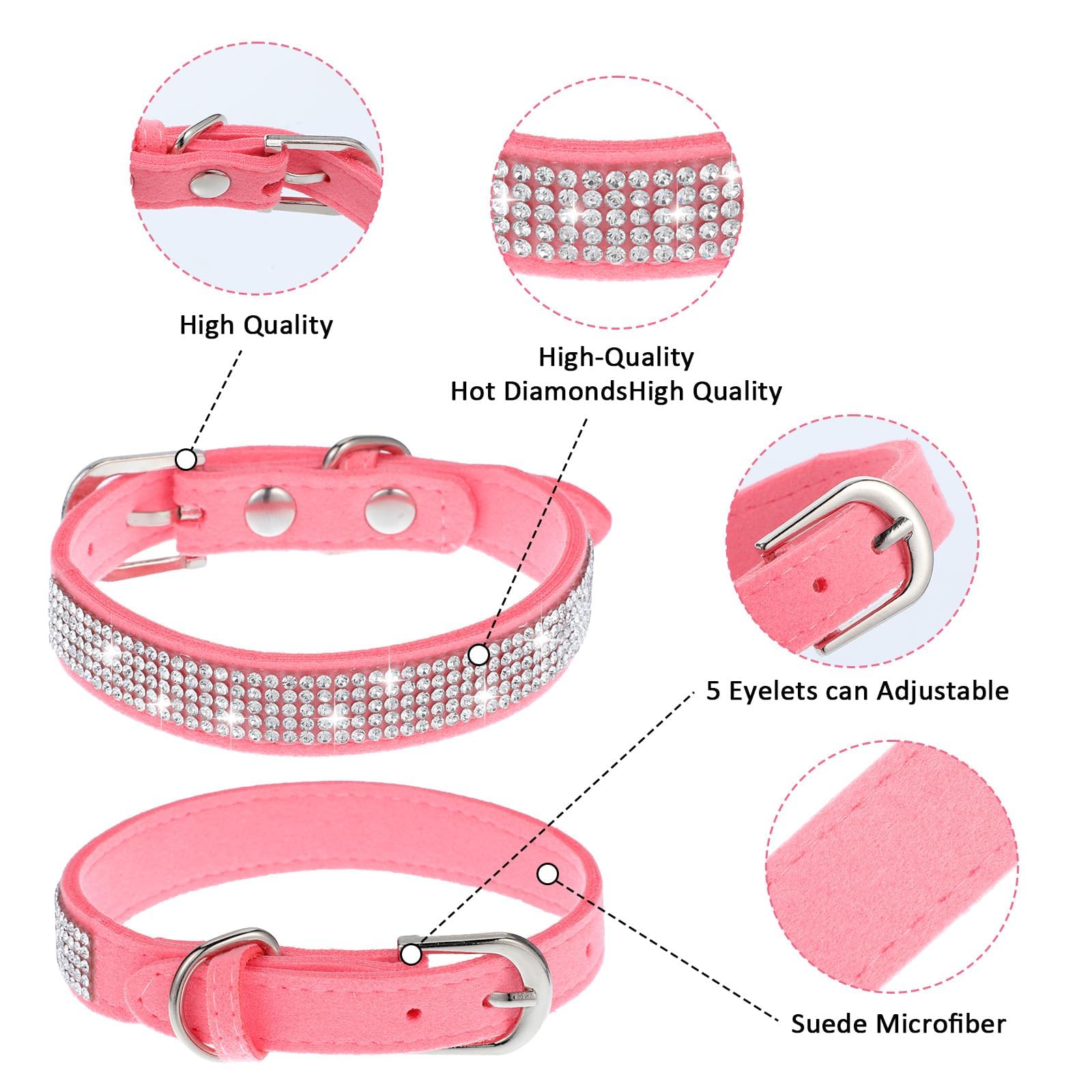 Rhinestone Dog Collar, Cute Dazzling Sparkling Soft Leather Dog Cat Rhinestone Collar Crystal Pet Cat Puppy Collar(Pink,S) - Image 3