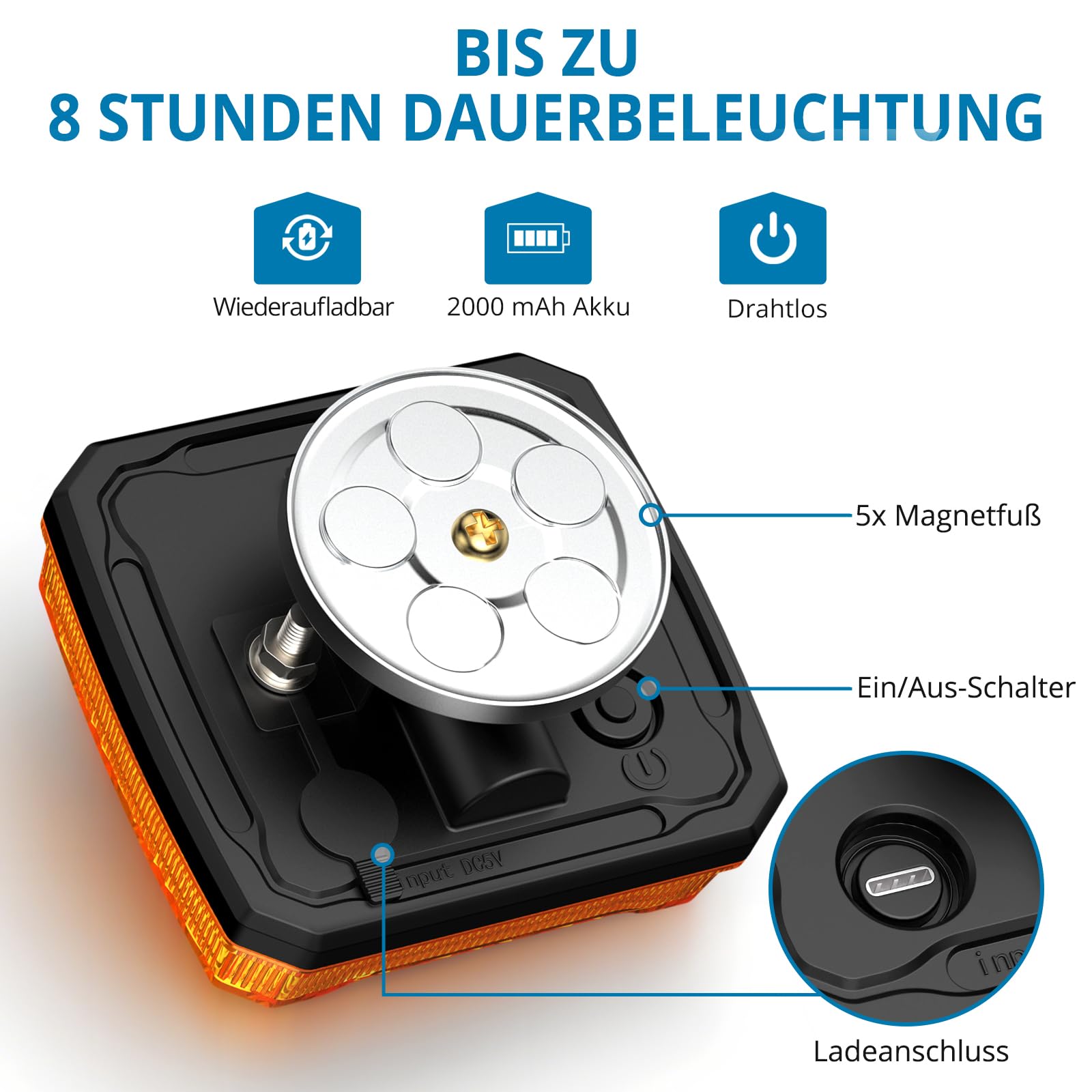 AUTOUTLET 2 Stück Warnleuchten Wiederaufladbar, Kabellose LED Magnetische Warnlicht mit 2000mAh Akku & 18 Blinkmodi, IP65 Wasserdicht Blinklichter E9 & E57 Mark, Warnung Beacon Notfall Lichter