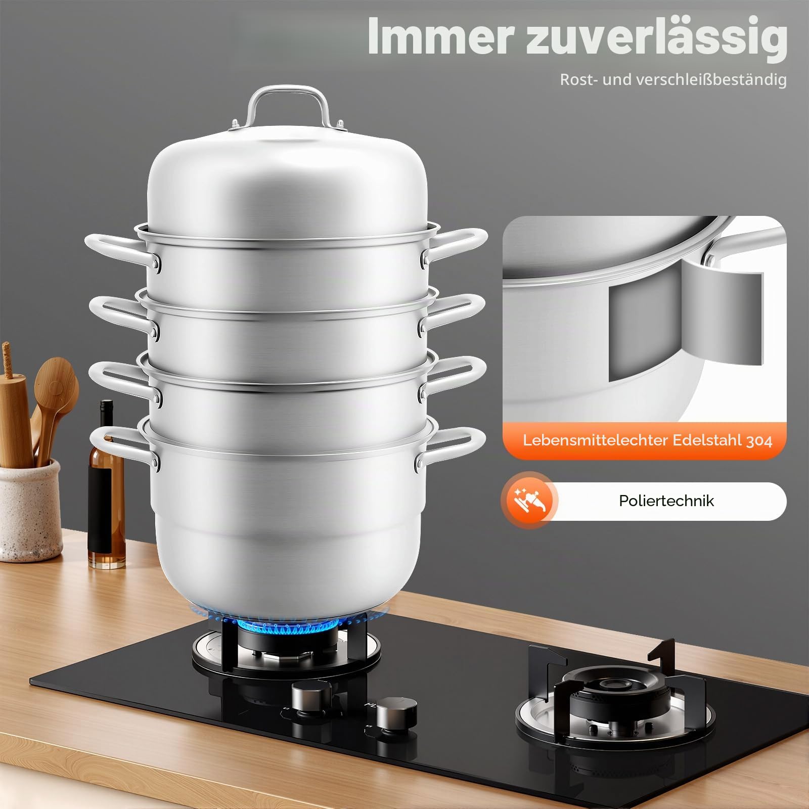 5 Etagen Dampfgarer Edelstahl 304 Stackbar, 9L Dampfkochtopf mit Glasdeckel, Mantowarka Gardampftopf, Großvolumen Dämpfeinsatz, für Induktion, Gasherd