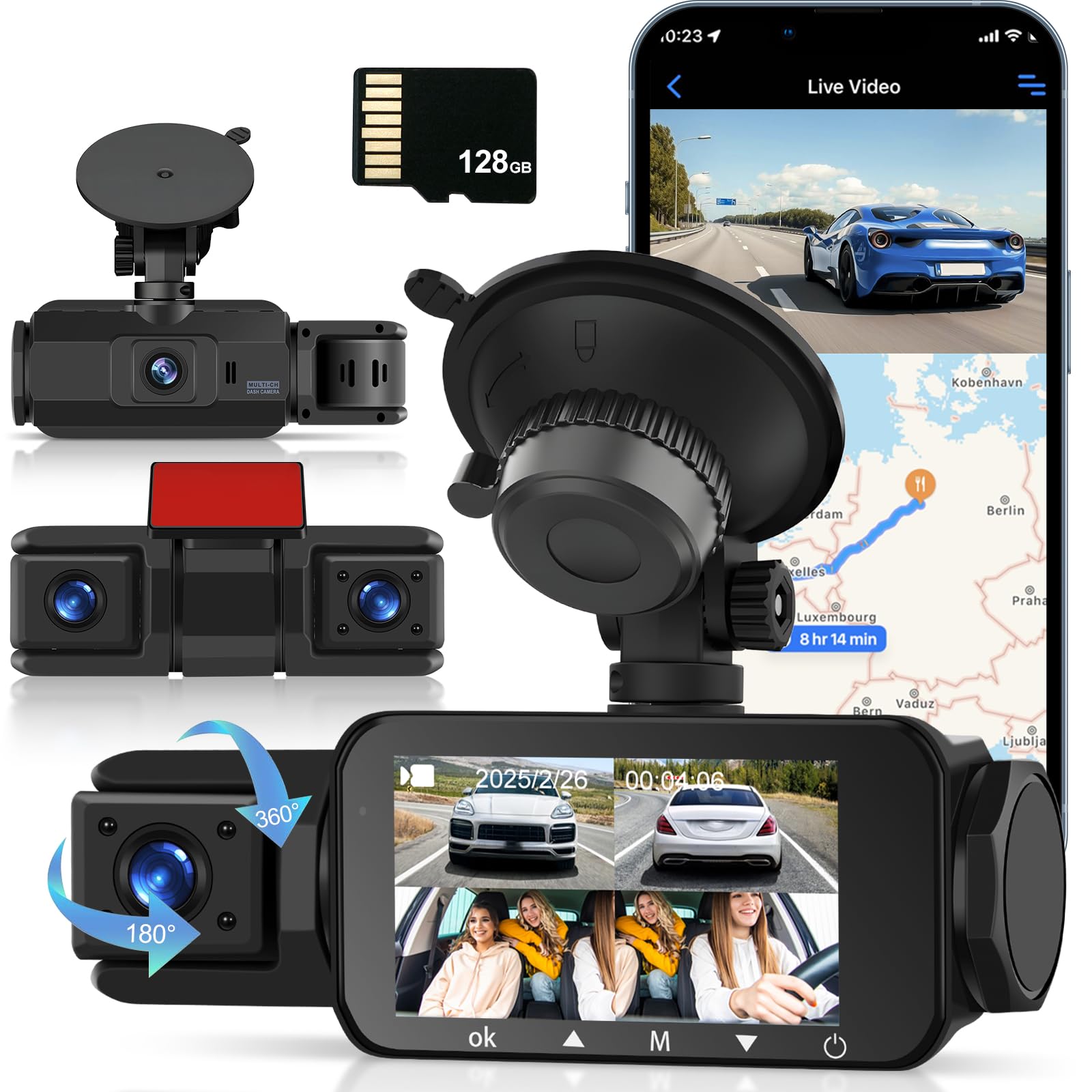 EKAT 4 Channel Dash Cam 360°View, 2K+1080P*3 Front and Rear Inside Left Right, Dash Camera for Cars, 3 Inch IPS Screen, Built-in WiFi Night Vision