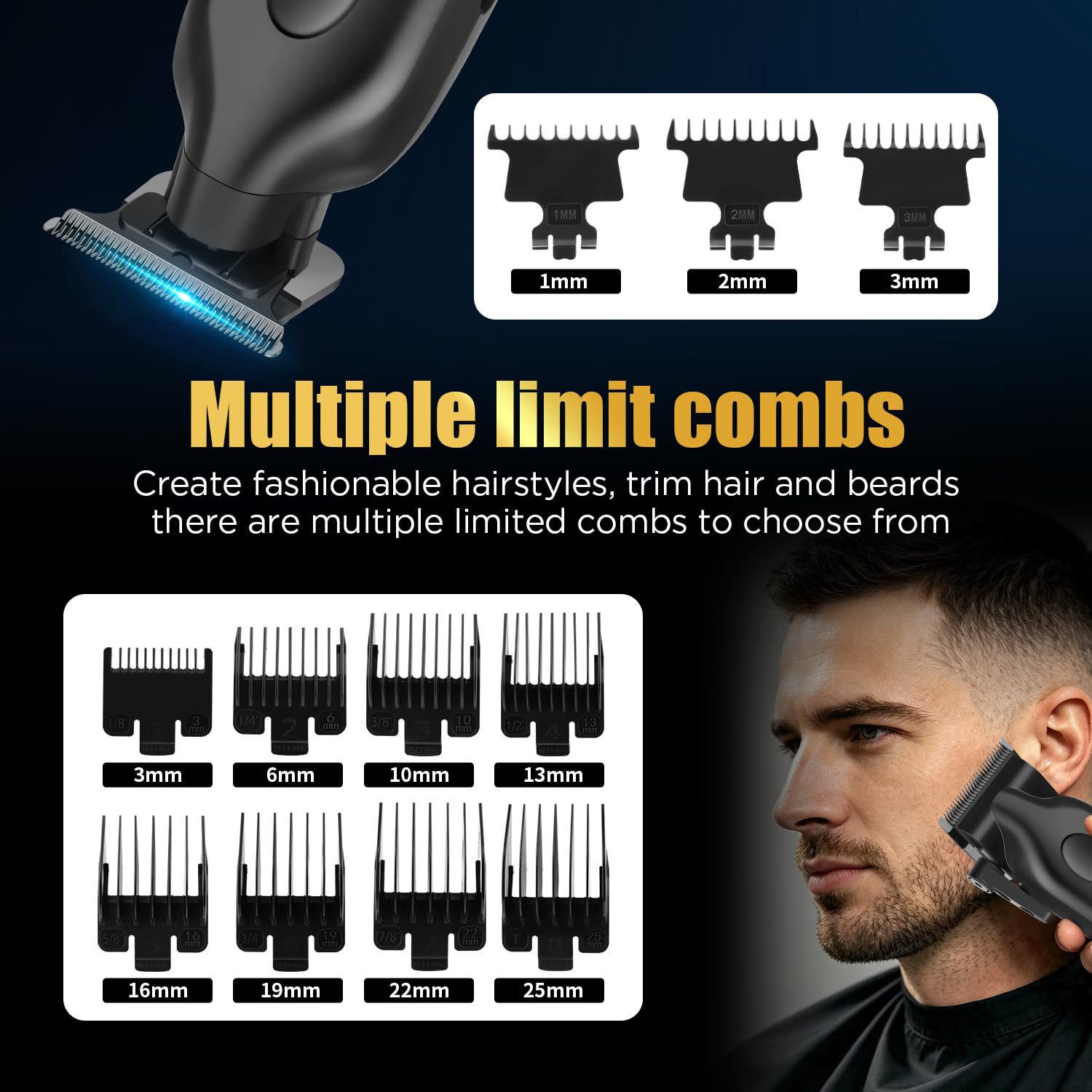 Tondeuse à cheveux professionnelle pour homme, kit de barbier complet sans fil avec tondeuse électrique à lame en T, rasoir à barbe, kit de toilettage pour homme, 11 peignes de guidage, barbier ou