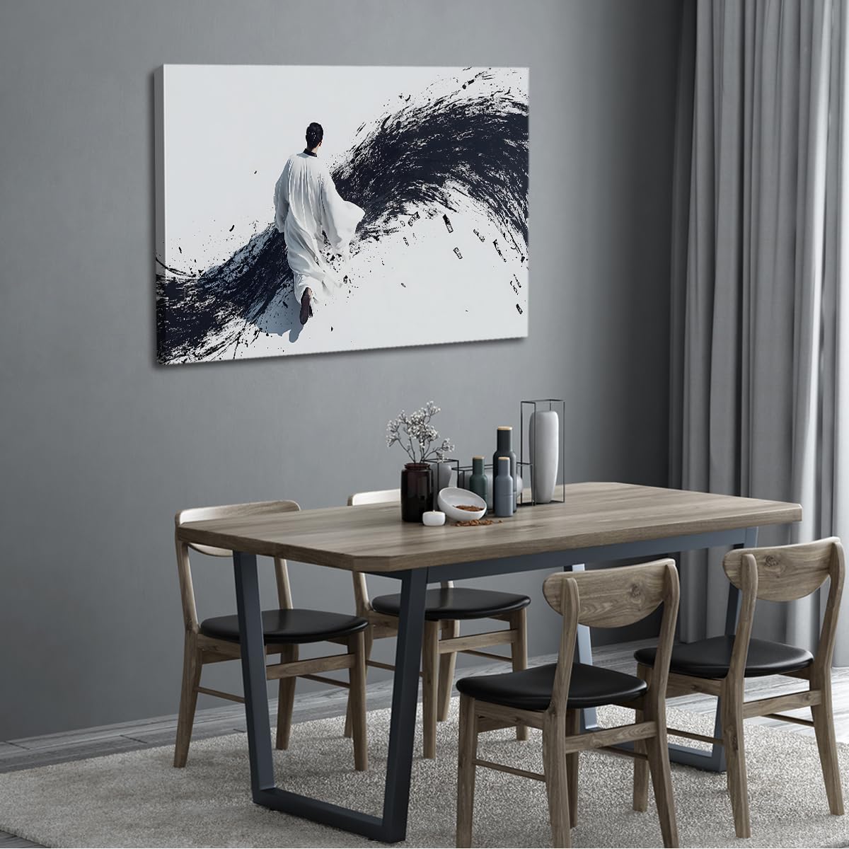 CHERHERART Chiński obraz z umytym atramentem czarno-biały obraz ścienny na płótnie czarno-białe fale minimalistyczna figura orientalny plakat na płótnie Feng Shui obraz wewnętrzny 70x100cm
