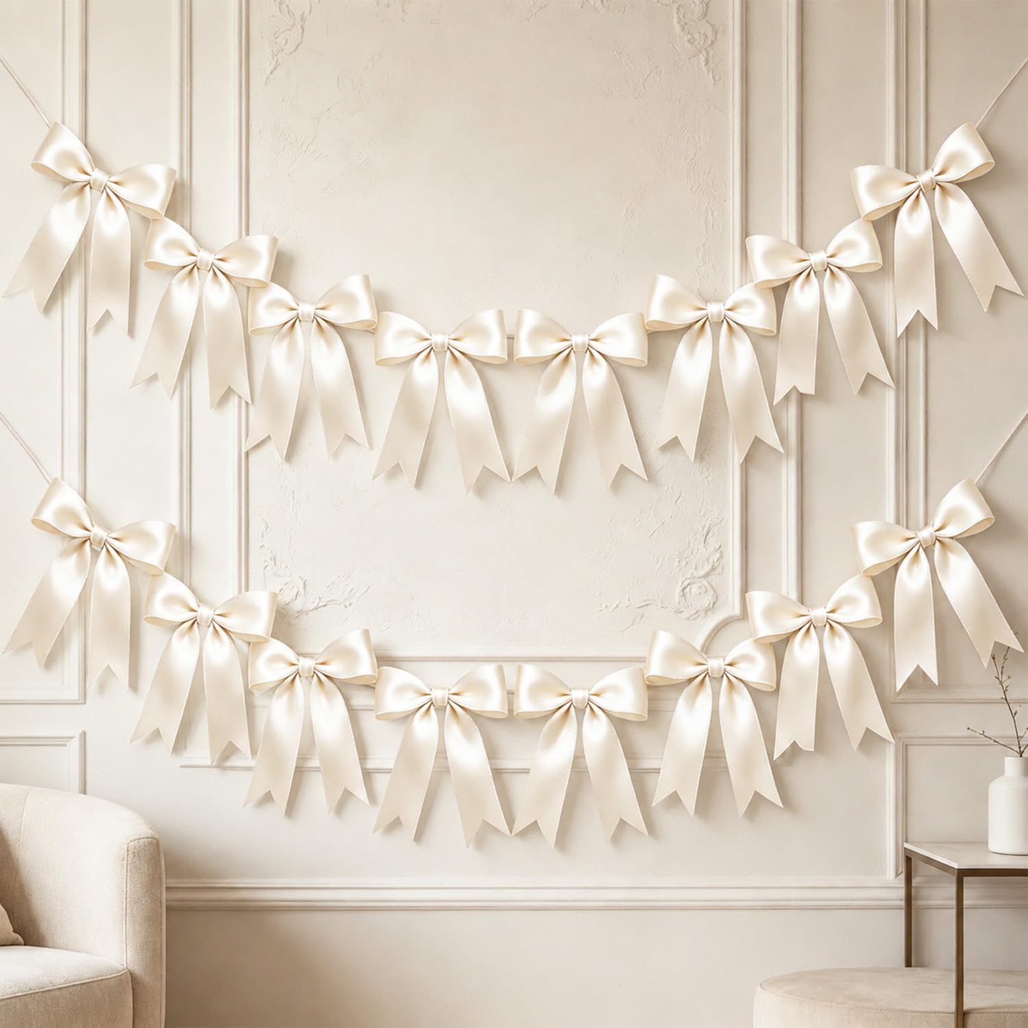 WADUBI Pre-Strung Beige Bow Garland, 2 Strings X 2m Satin Ribbon Bunting Banner with 16 Ribbon Bows for Birthday, Baby Shower, Wedding, Bridal Party Decorations