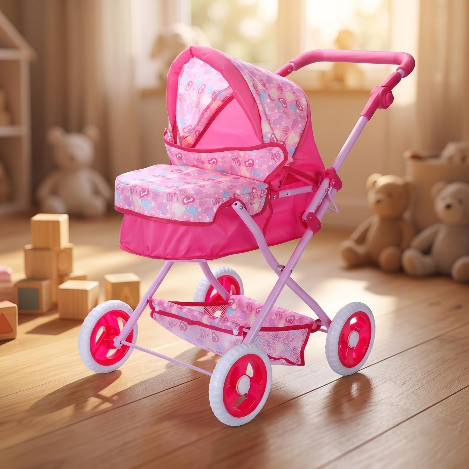 Puppenwagen mit Korb Stabil Spielzeug-Puppenwagen Platzsparend Puppenbuggy für, Zimmer, Großer Verdickter Eisenstange Kinderwagen Griffhöhe Verstellbar