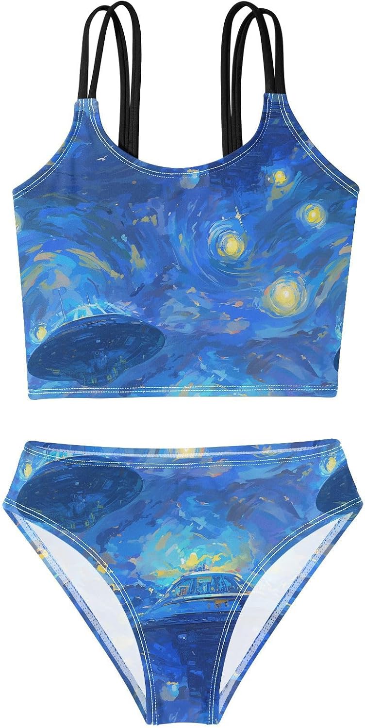 visesunny Girls Two Piece Swimsuits Oil Painting Starship Girl's Bikini Sets Bathing Suits for Girls Size 5-12Y