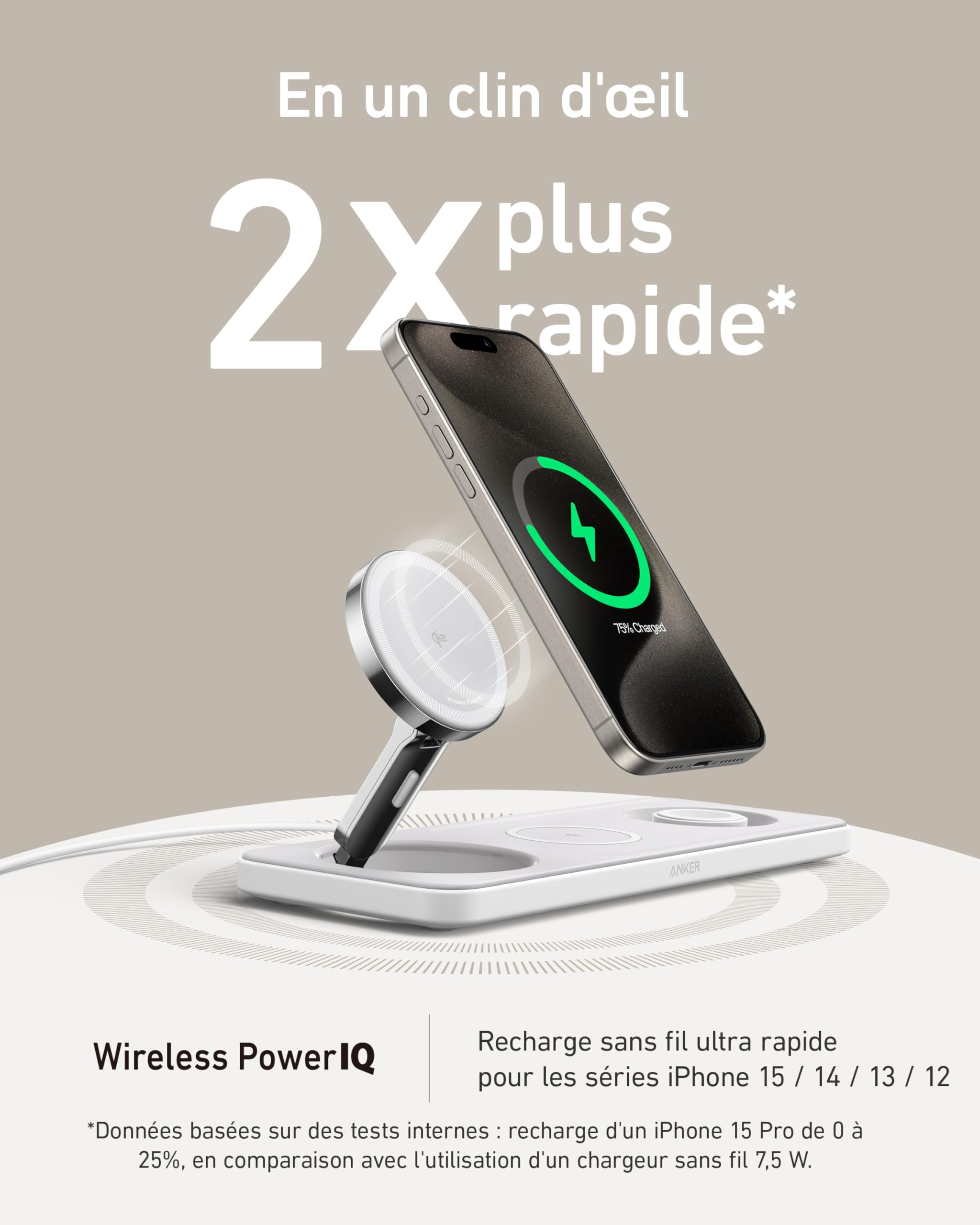 Anker Chargeur Induction iPhone 15W Station de Recharge à Induction 3-en-1 Pliable, Ultra Rapide Certification Qi2, pour iPhone séries 17/16, AirPods, Apple Watch(Chargeur USB-C et câble Inclus)
