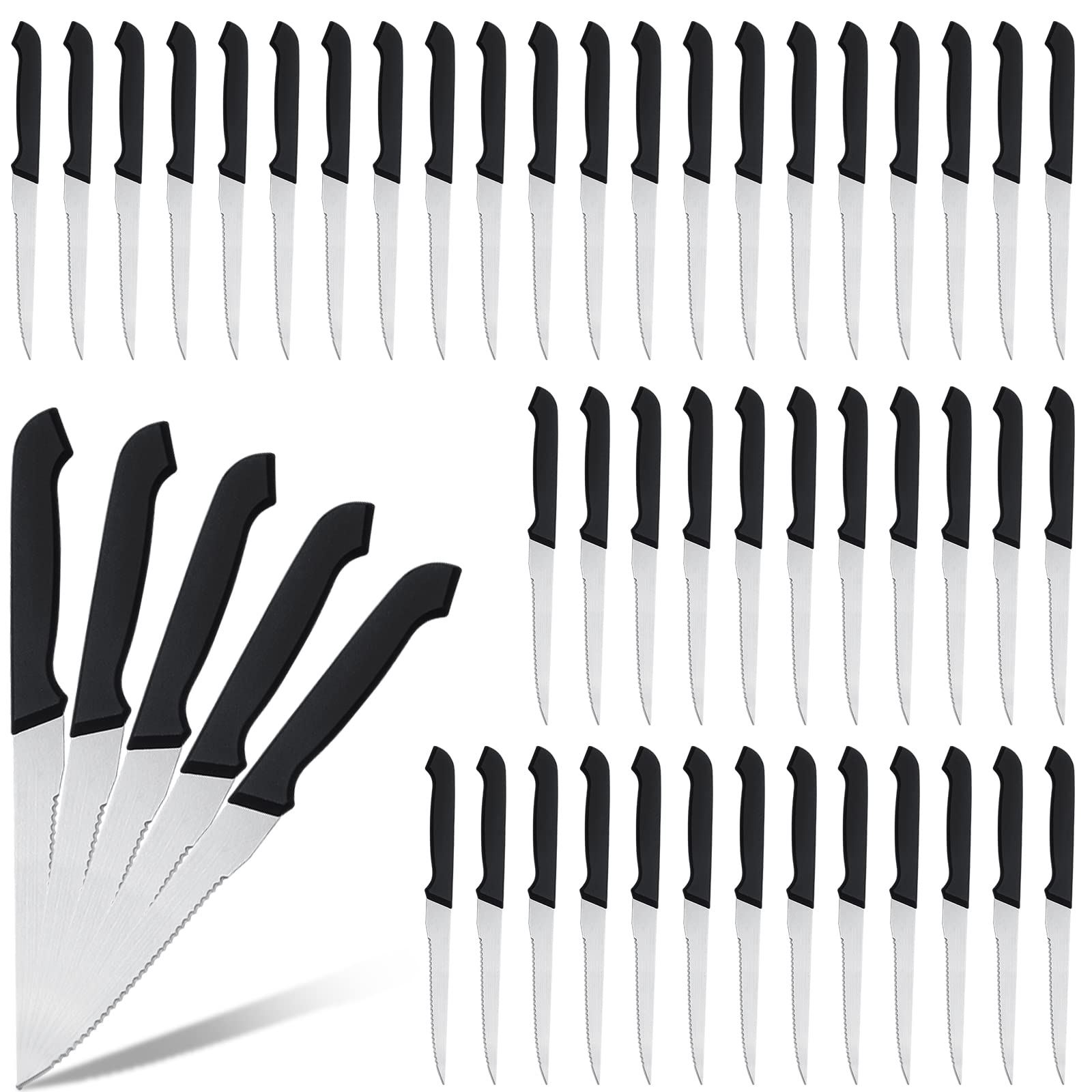 Therwen 50 Pieces 8.8 Inch Serrated Steak Knife Set Pointed Tip Stainless Steel Steak Knife Sharp Blade Flatware for Kitchen Restaurant Camping