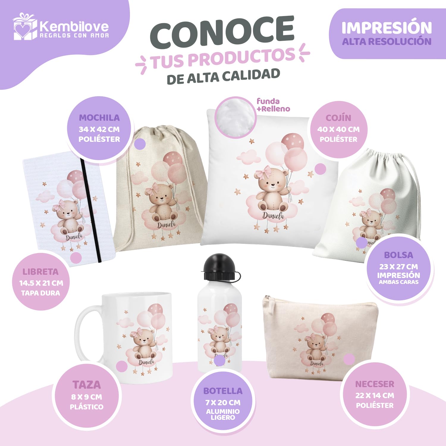 Kembilove Pack vuelta al cole personalizado con nombre niña/Osita con globos/Mochila + botella + taza + libreta + neceser/Regalo escolar guardería infantil/Set Colegio o Escuela