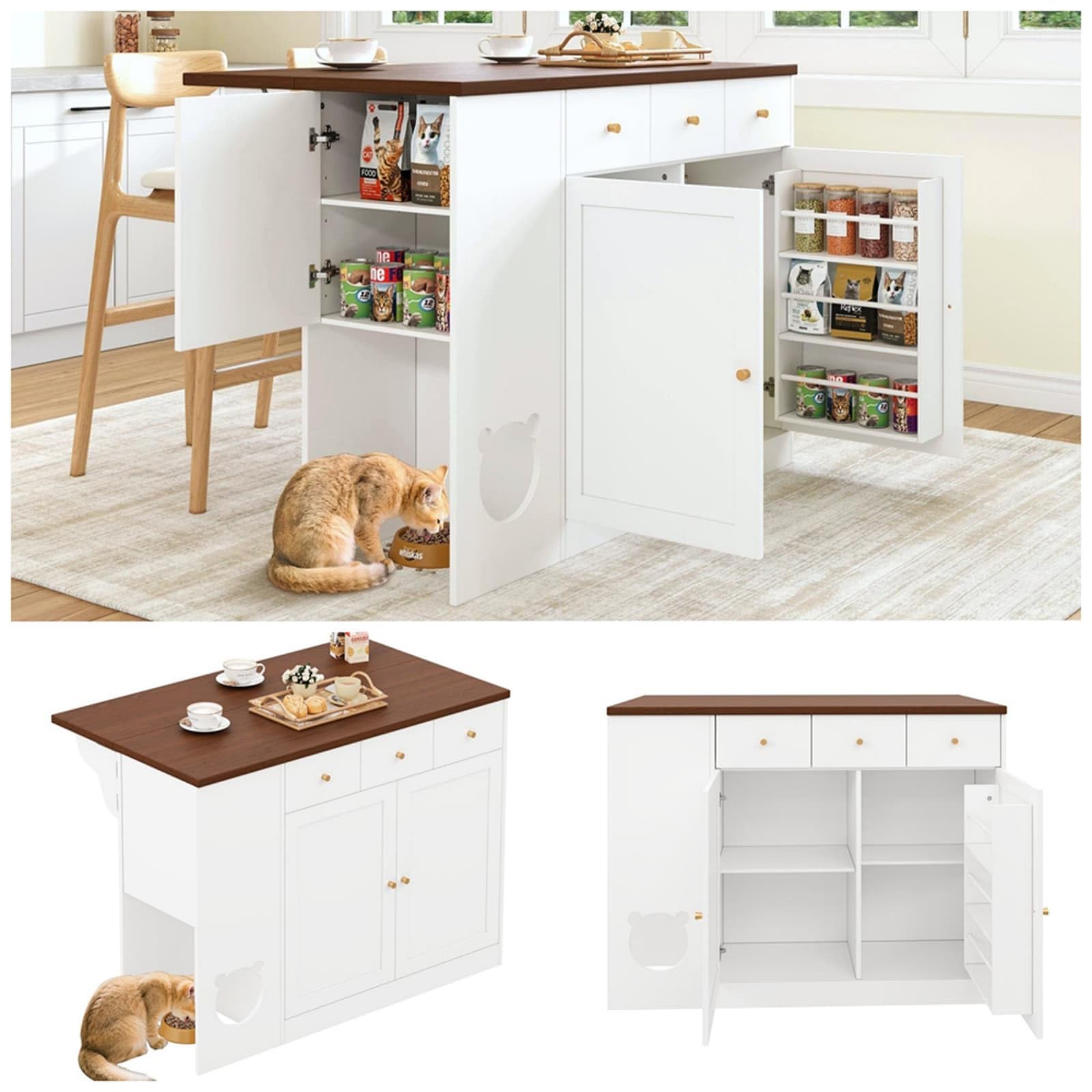 PUGSDRLY Îlot de Cuisine 120x40x90cm, avec Plan de Travail Escamotable, 3 Tiroirs, 2 Portes, Meuble Bar avec Rangement Épices et Espace Repas Intégré, pour Cuisine ou Salon (White + Deep Walnut)