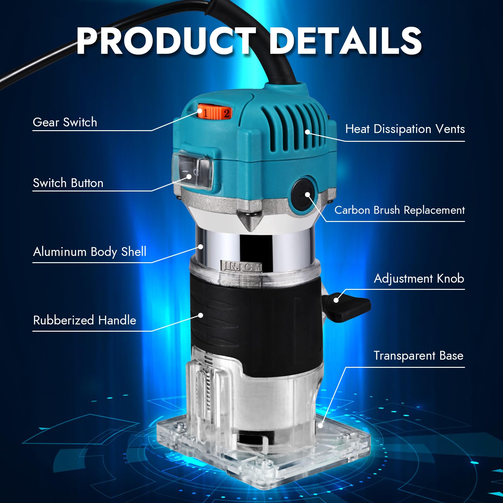 800W 6.5AMP trimmer in legno Velocità regolabile portatile stabile 2000-31000 giri/min Strumento di router in legno compatto Router portatile per la lavorazione del legno con 15pcs di router