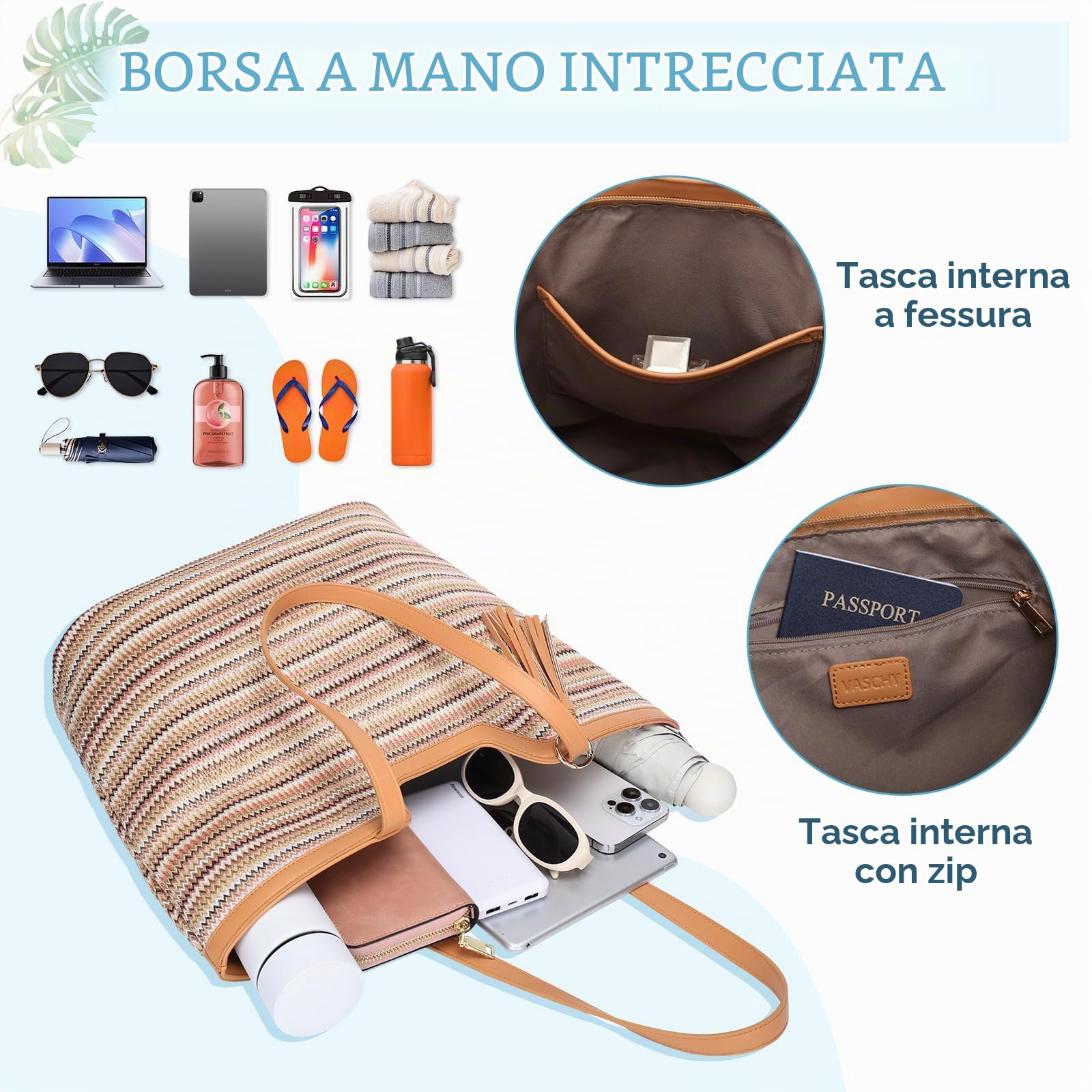 VASCHY Borsa Mare Paglia,Borsa Spiaggia Donna Grande Impermeabile Viaggio Estiva