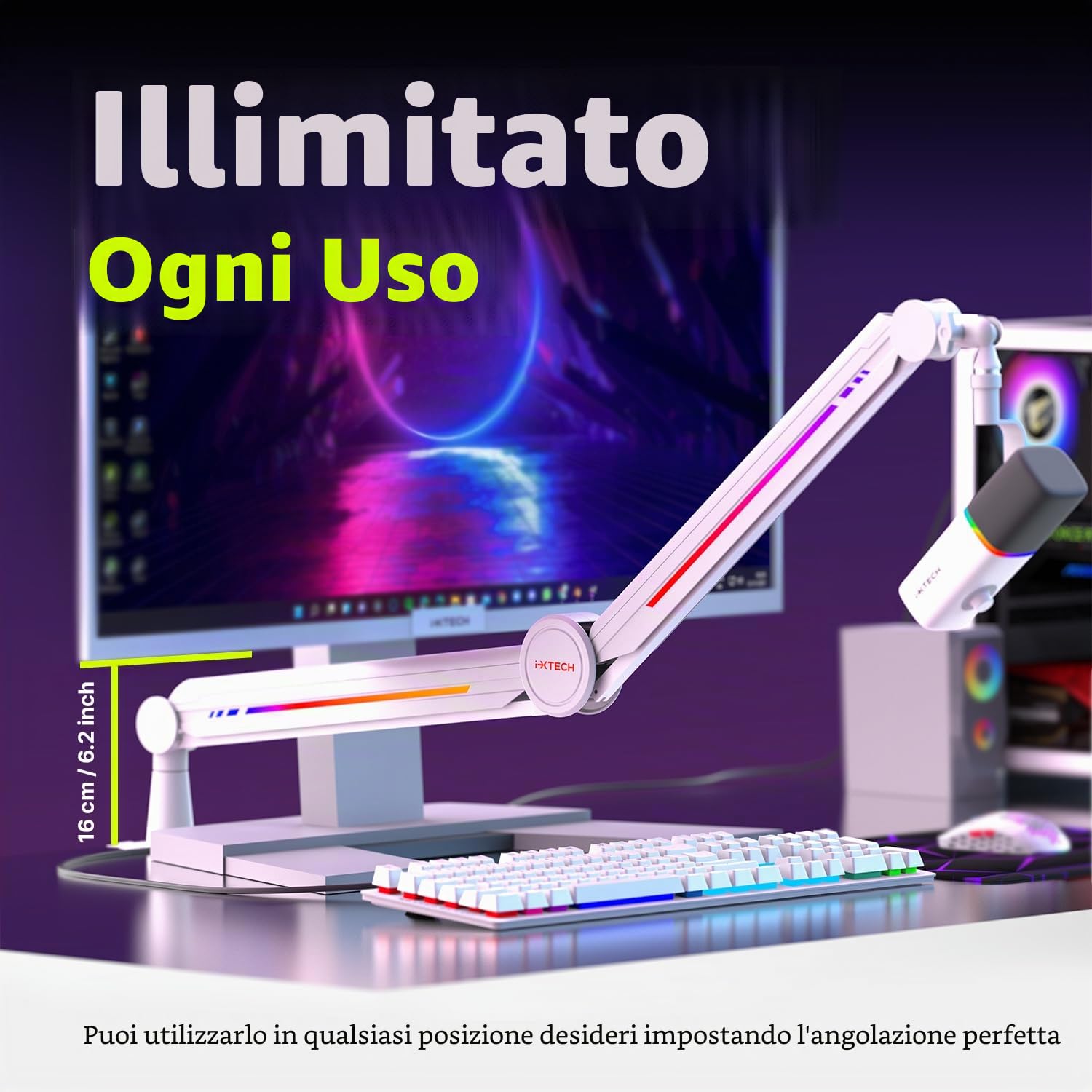 IXTECH Supporto per microfono RGB ad alto profilo, braccio per microfono da scrivania, supporto regolabile per microfono con supporto da scrivania, braccio per microfono per live streaming gaming