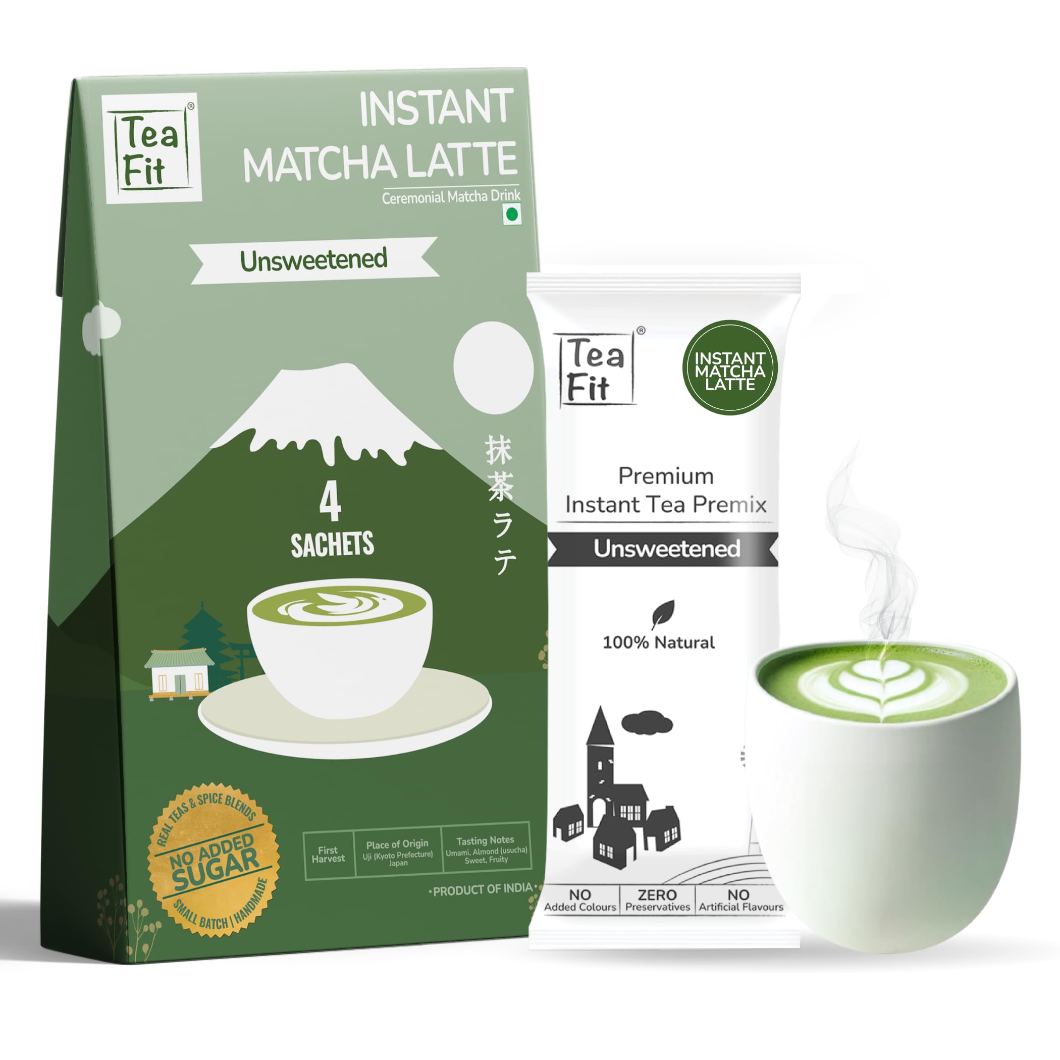 Ceremonial NO SUGAR Instant Matcha Latte Premix, 72g (4 Sachets) from Uji, Japan | Vibrant Green, Velvety Smooth Japanese Matcha with Unsweetened Milk | Coffee Alternative | Diabetic Friendly