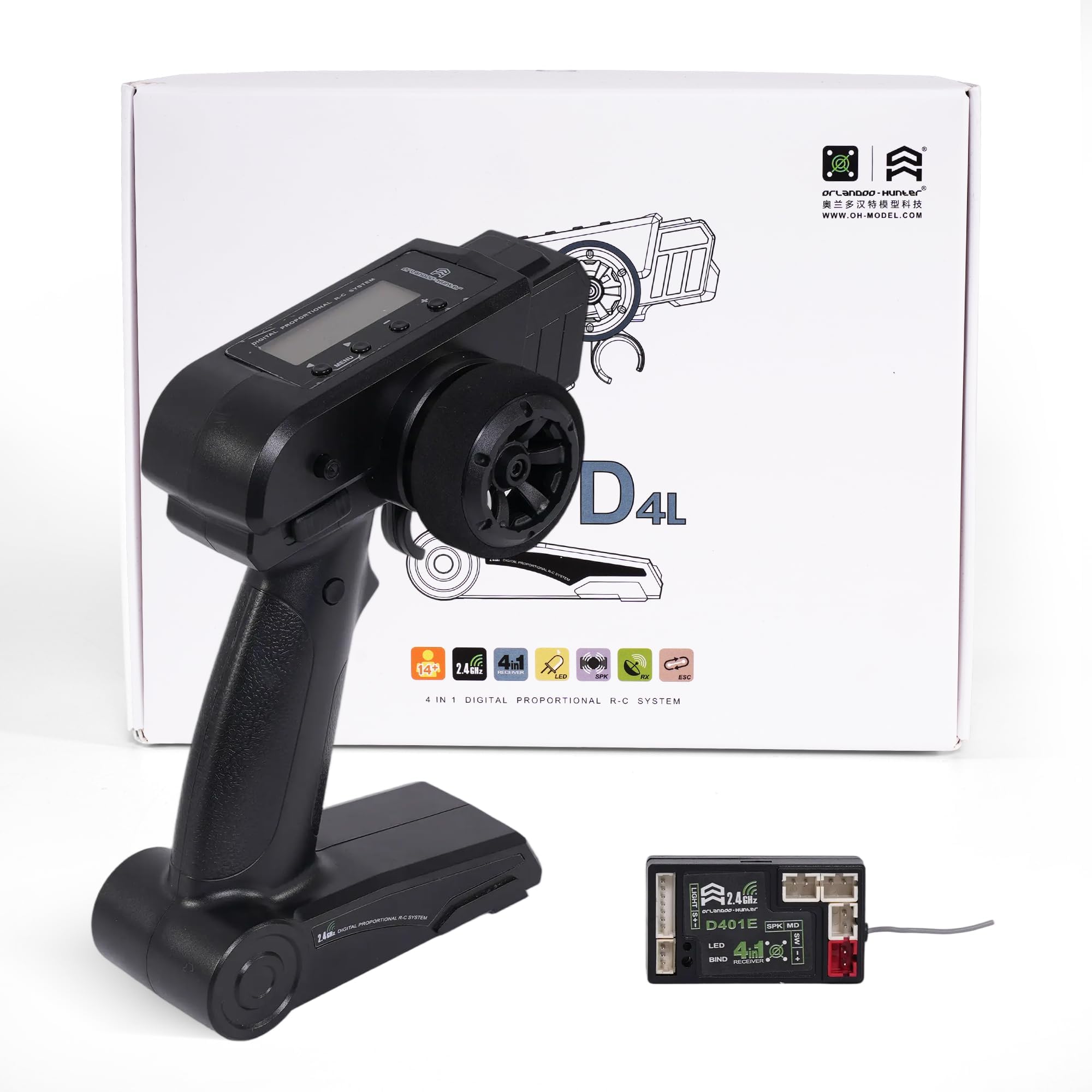 Sistema de radio RC 2.4G 4 en 1 grupo de luz y sonido D4L D4L-T RC transmisor y receptor y cordón, Orlandoo Hunter Control remoto para coche RC 1/24 1/32 1/35 (sonido de coche)