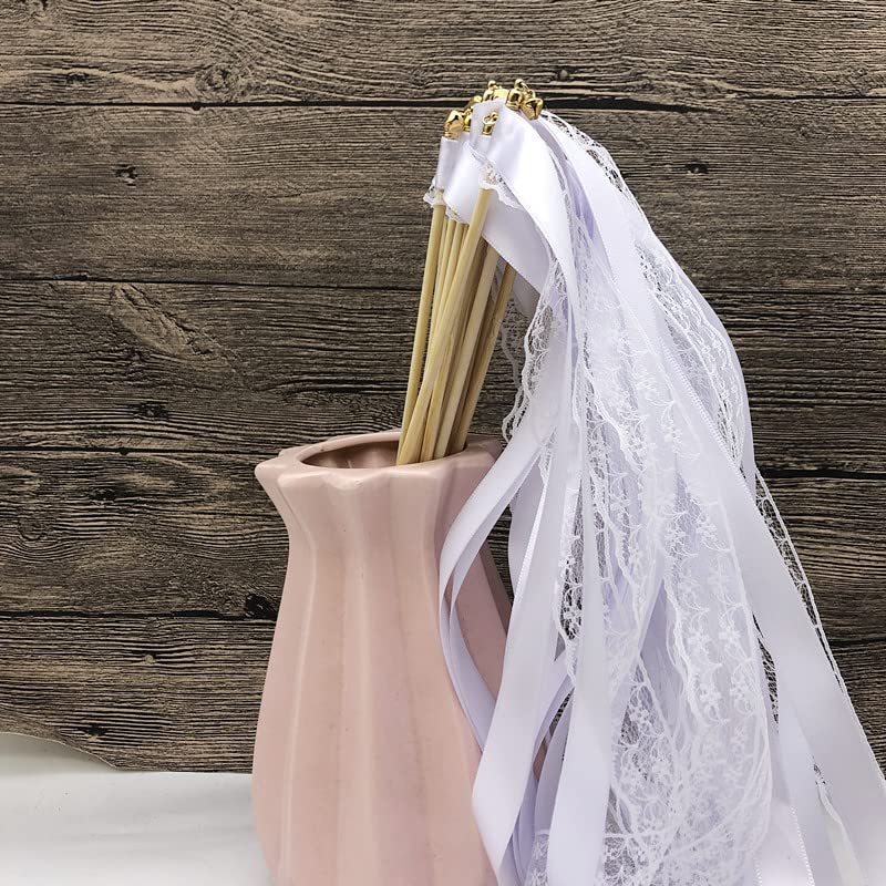 Baguettes De Ruban Pour Mariage - Lot De 30, Avec Clochettes - Rubans Dentelle Blanc/champagne - Décoration Allée