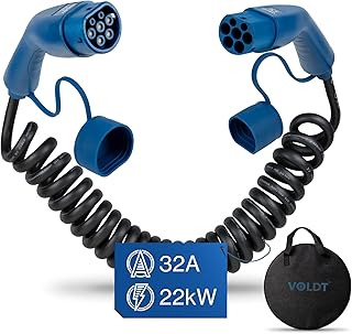 VOLDT Spiralladekabel 2 22kW 32A 3-Phasen für Elektrofahrzeuge EV PHEV, Typ 2 auf Typ 2 Mode 3, Kompatibel mit Tesla Model S/X/Y/3, ID.4, E-Tron, e-208, I4, IX1, Zoe, IP67