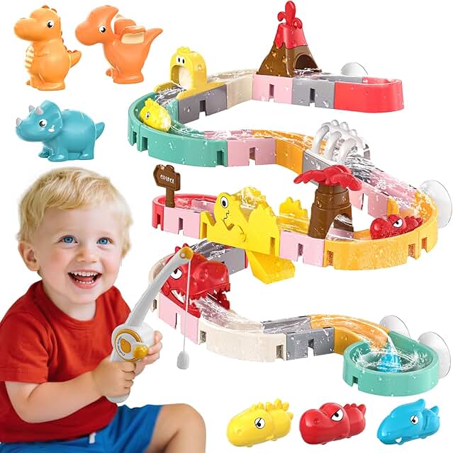 47-Piece Dinosaur Bath Track & Fishing Playset: DIY Wall Suction Slide for Toddlers (Age 3+)