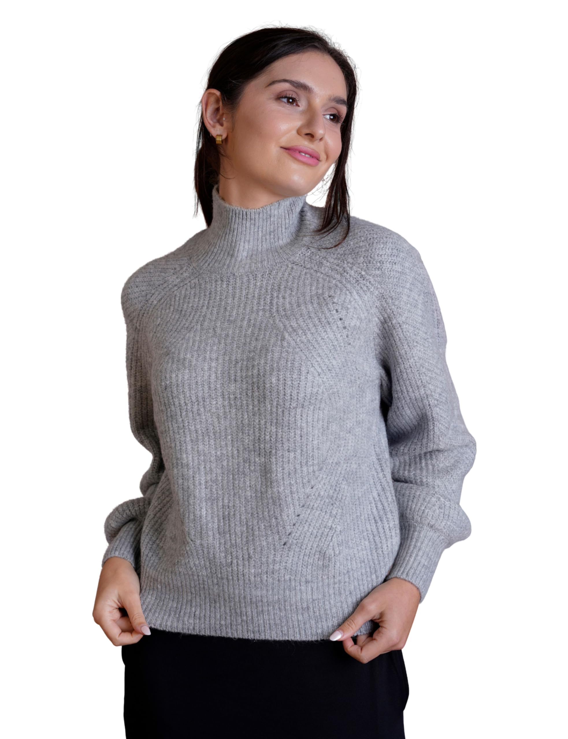 Enorsia Women's Funnel Neck Jumper Soft Knit Sweater with Raglan Sleeves Relaxed Fit Winter Jumper Cozy Ribbed Cuffs & Hem Women’s Sweater for Cold Days, (M, Grey)