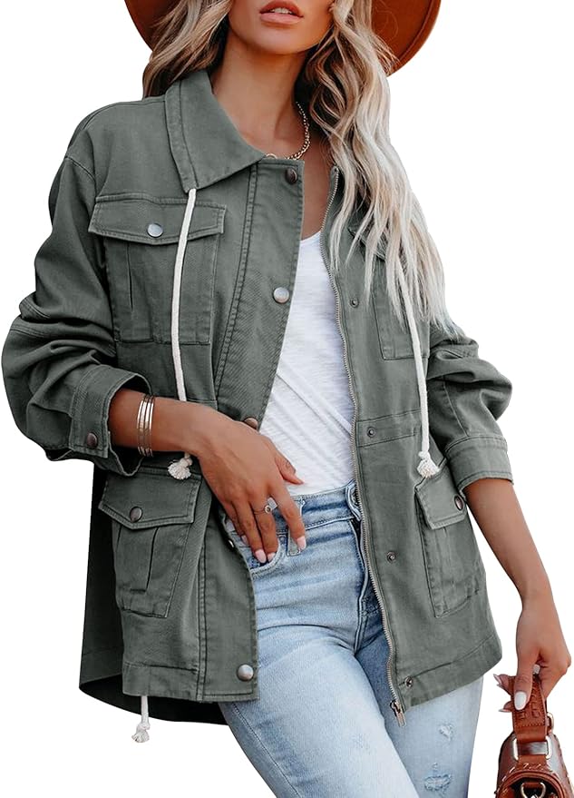 Ebifin womens military anorak jacket zip up snap buttons lightwei…