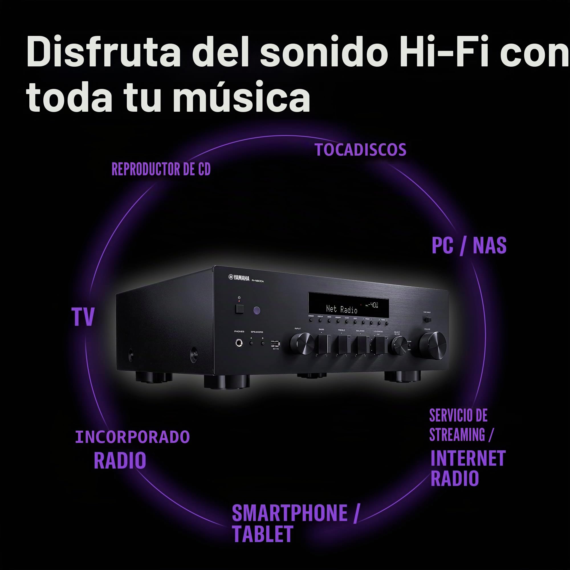 Yamaha R-N600A Receptor de canales Hi-Fi, con MusicCast y streaming inalámbrico, audio de alta resolución, SABRE DAC y Pure Audio Fidelity, negro
