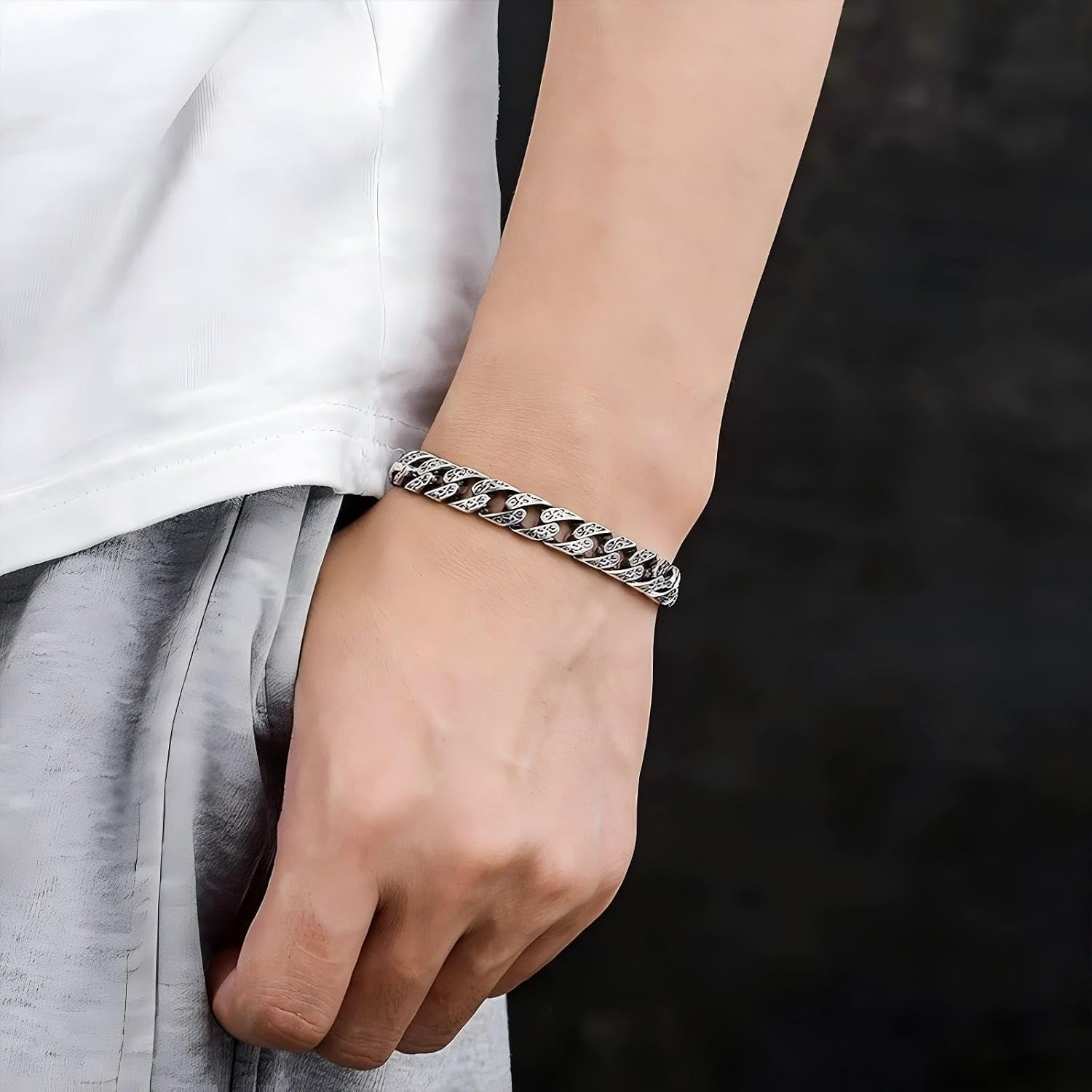Italian Handmade Sterling Silver Mens Bracelets | Solid S925 Chain Bracelets | Men's Silver Bracelet Gift for Dad, Boyfriend, Son, My Man (8.6'' Vine Grass)