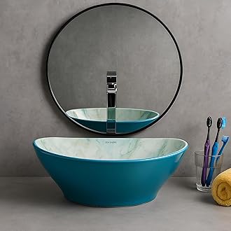 SEA SHORE IMPORTED Premium Designer Table Top Ceramic Wash Basin | Over Counter Bathroom Basin | Vessel Sink with Slim Rim Counter Top for Bathroom (16 x 12 x 5.5 Inch, Cyan & Smoky Blue)