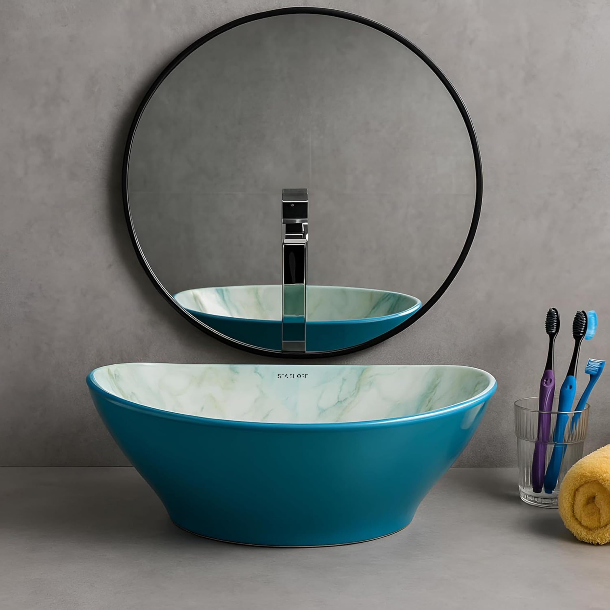 SEA SHORE IMPORTED Premium Designer Table Top Ceramic Wash Basin | Over Counter Bathroom Basin | Vessel Sink with Slim Rim Counter Top for Bathroom (16 x 12 x 5.5 Inch, Cyan & Smoky Blue)