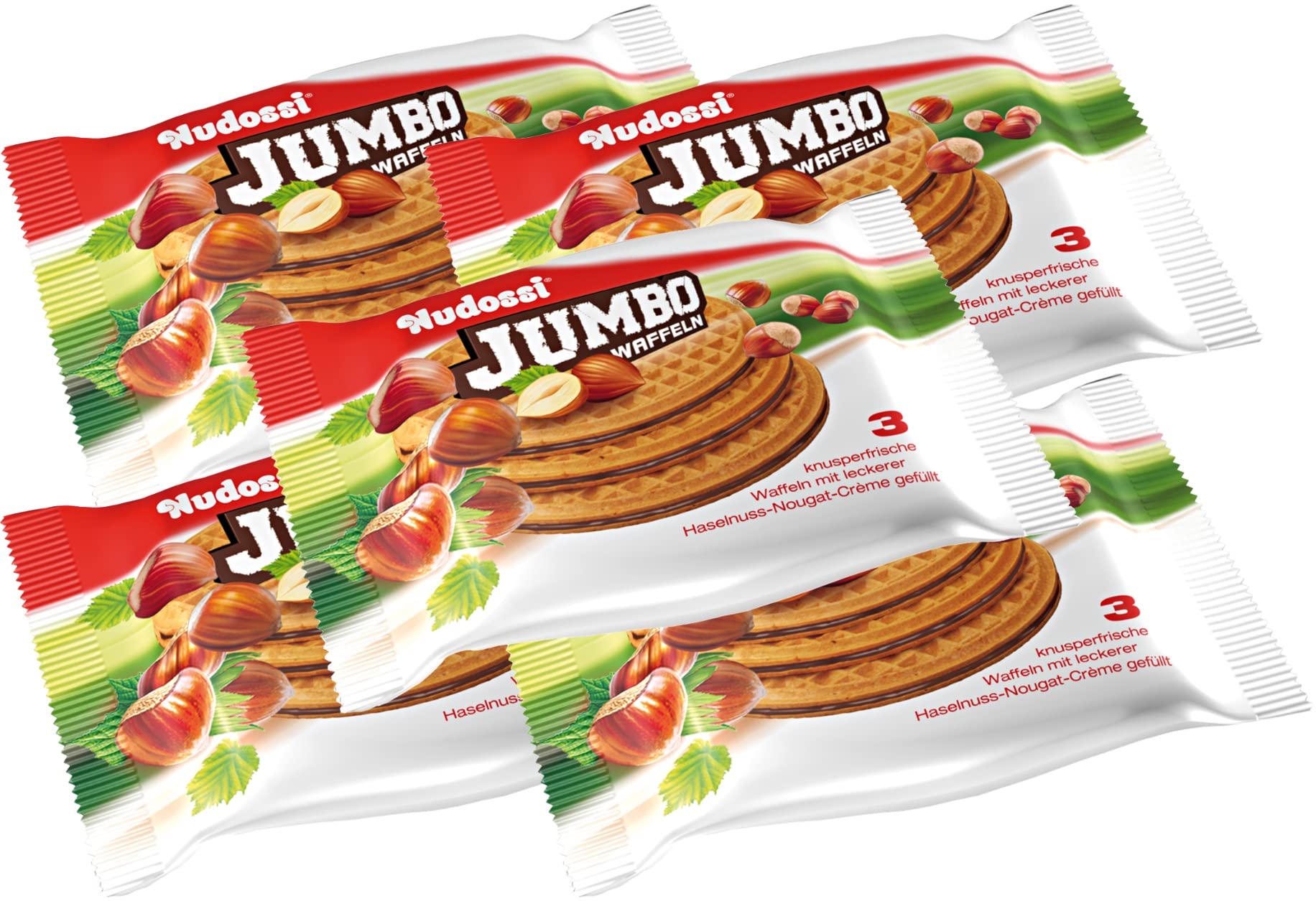 NudossiJumbo Waffles 5 x 65g (11.46 Oz) - Waffles filled with Hazelnut Nougat Cream/Germany