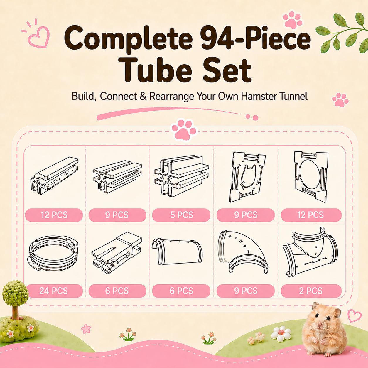 94 Piezas de Bricolaje Hámster Túnel Patio de Recreo Módulo,Tubo Casa Plataforma Accesorios de Jaula para Hámster de Ratón y Otros Animales Pequeños