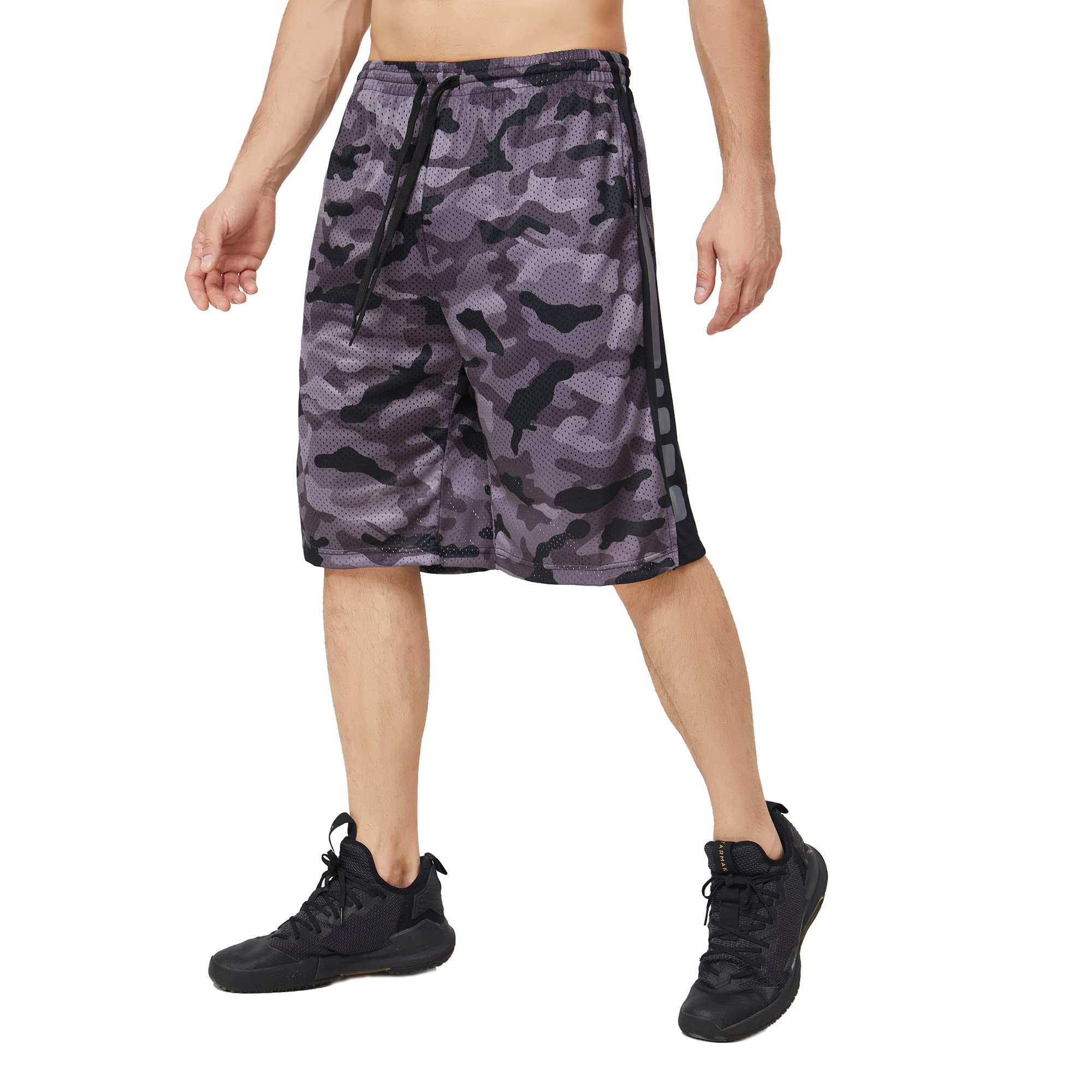 Men's Long Athletic Shorts with Pockets, Quick-Dry Mesh, 9"-13" Inseam Over-Knee Length, Drawstring Waist