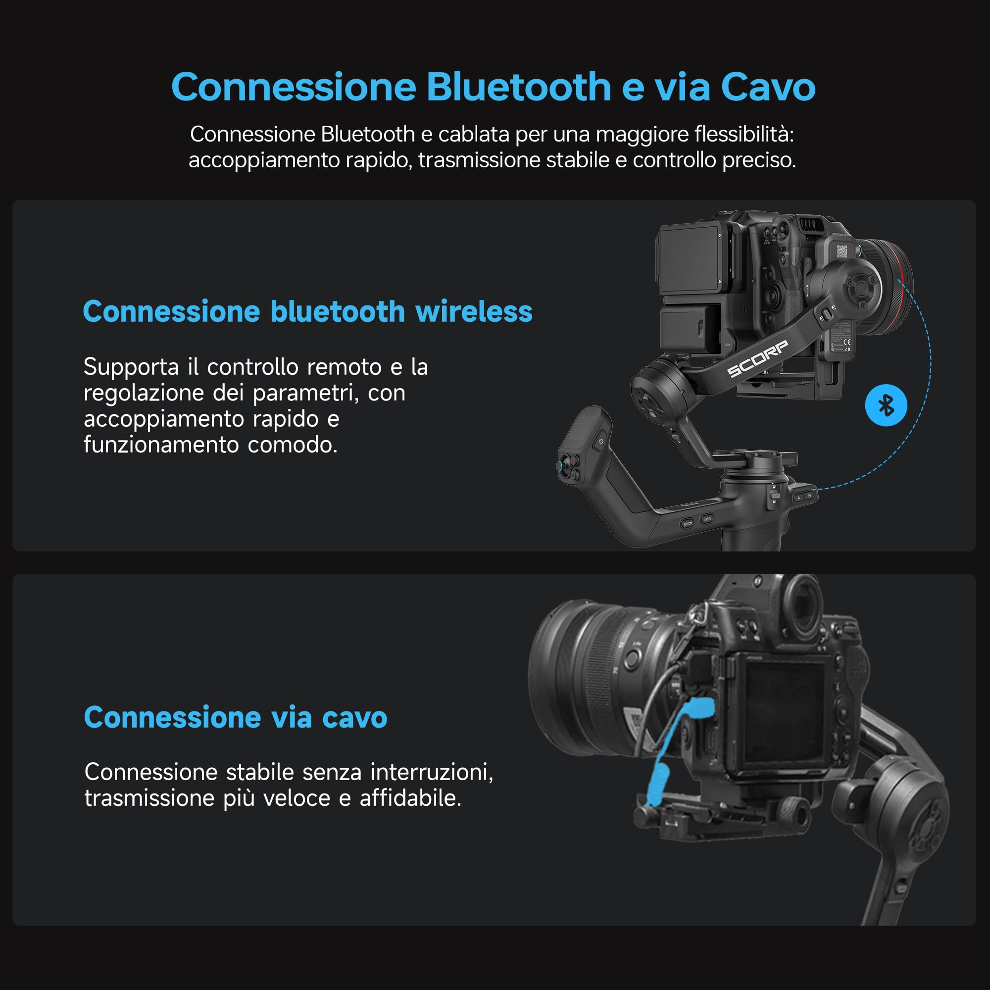 FeiyuTech SCORP-C2 [Ufficiale] Stabilizzatore Fotocamera a 3 assi con AI Tracking 4.0,Gimbal con Pannello Pulsanti,Carico Utile di 3,5kg,Riprese Verticali Native,Bilanciamento Rapido,Bluetooth Control