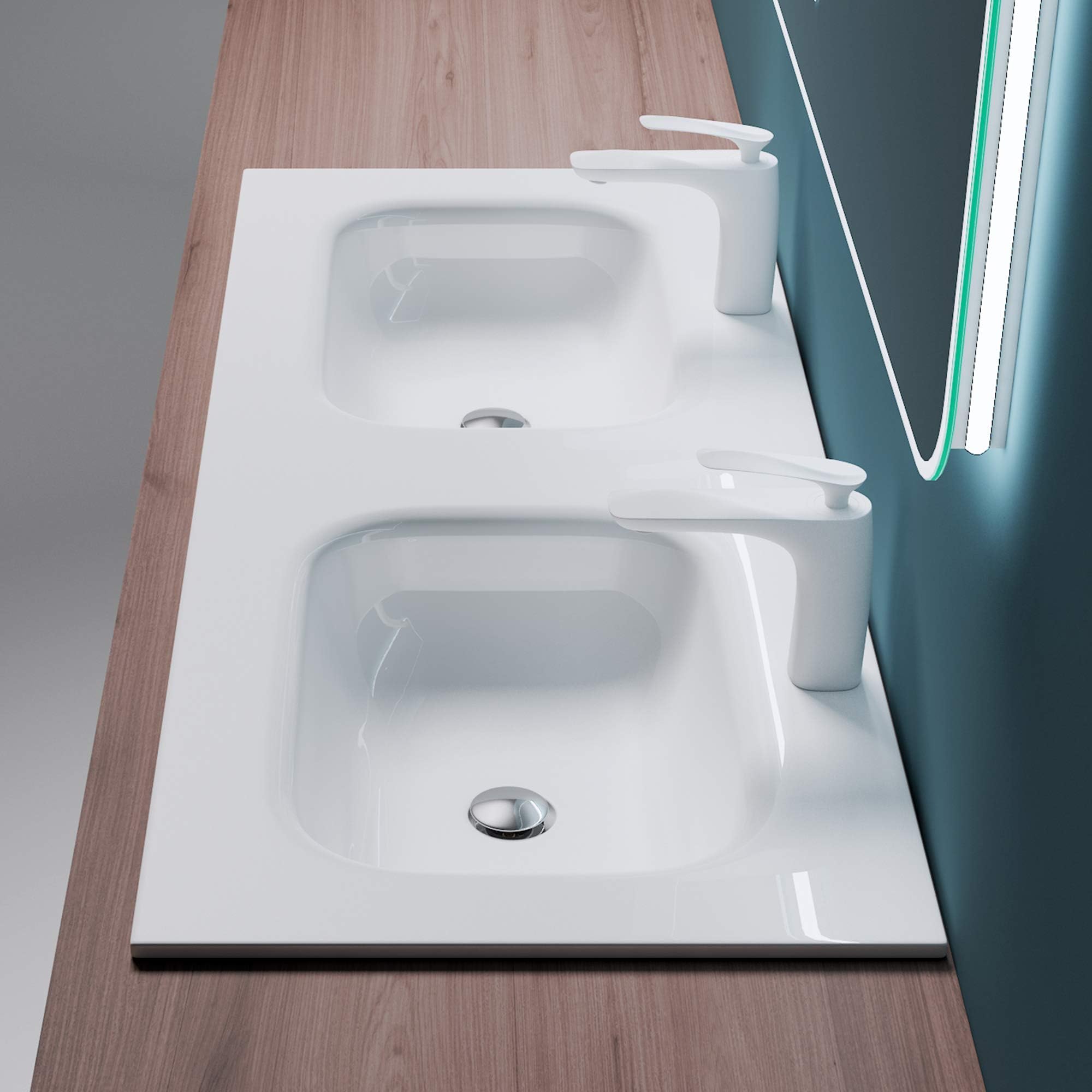 Mai & Mai Waschbecken Einbauwaschbecken Doppelbecken Mineralguss Waschtisch Waschplatz große Ablagefläche rechteckig Breite: 120cm Col04