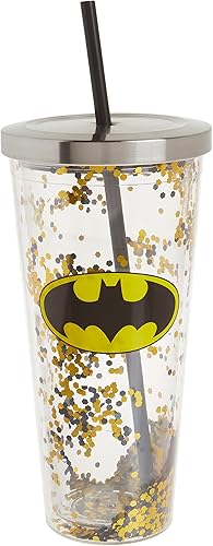 Spoontiques Taza de purpurina con logotipo de Batman con pajita, 20 onzas
