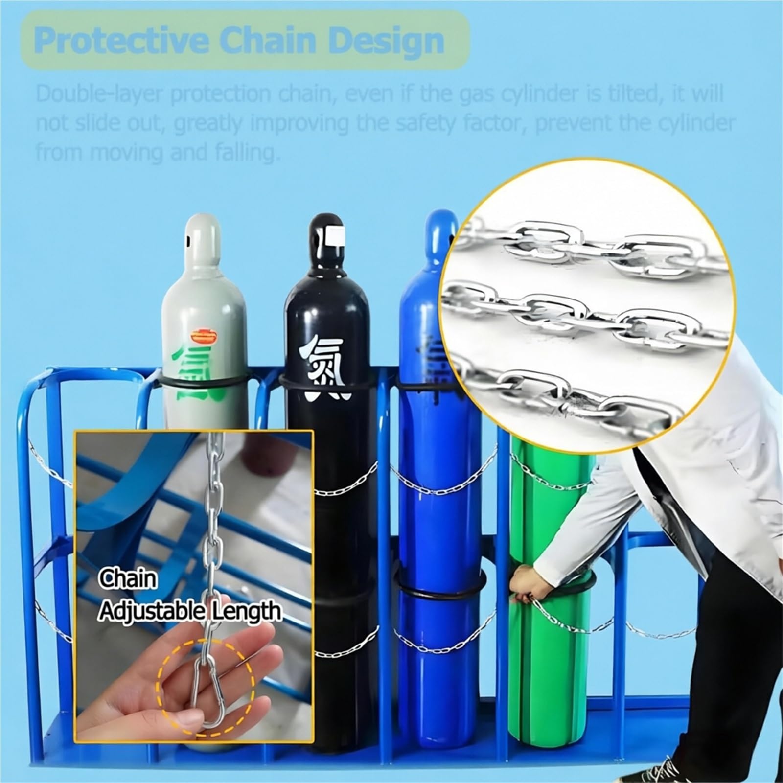 Soporte de almacenamiento para bombonas de oxígeno de alta resistencia, Soporte de fijación para bombonas de gas de montaje en suelo, Soporte portátil de acero con cadena de seguridad(60x30x100cm)