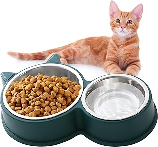 HTRTRR Cat Bowl Set, Stainless Steel Non-Slip Cat Bowls, Feeding Bowls for Cats and Puppies, Non-Slip Feeder Available in Green, Blue, Pink (Green) product image
