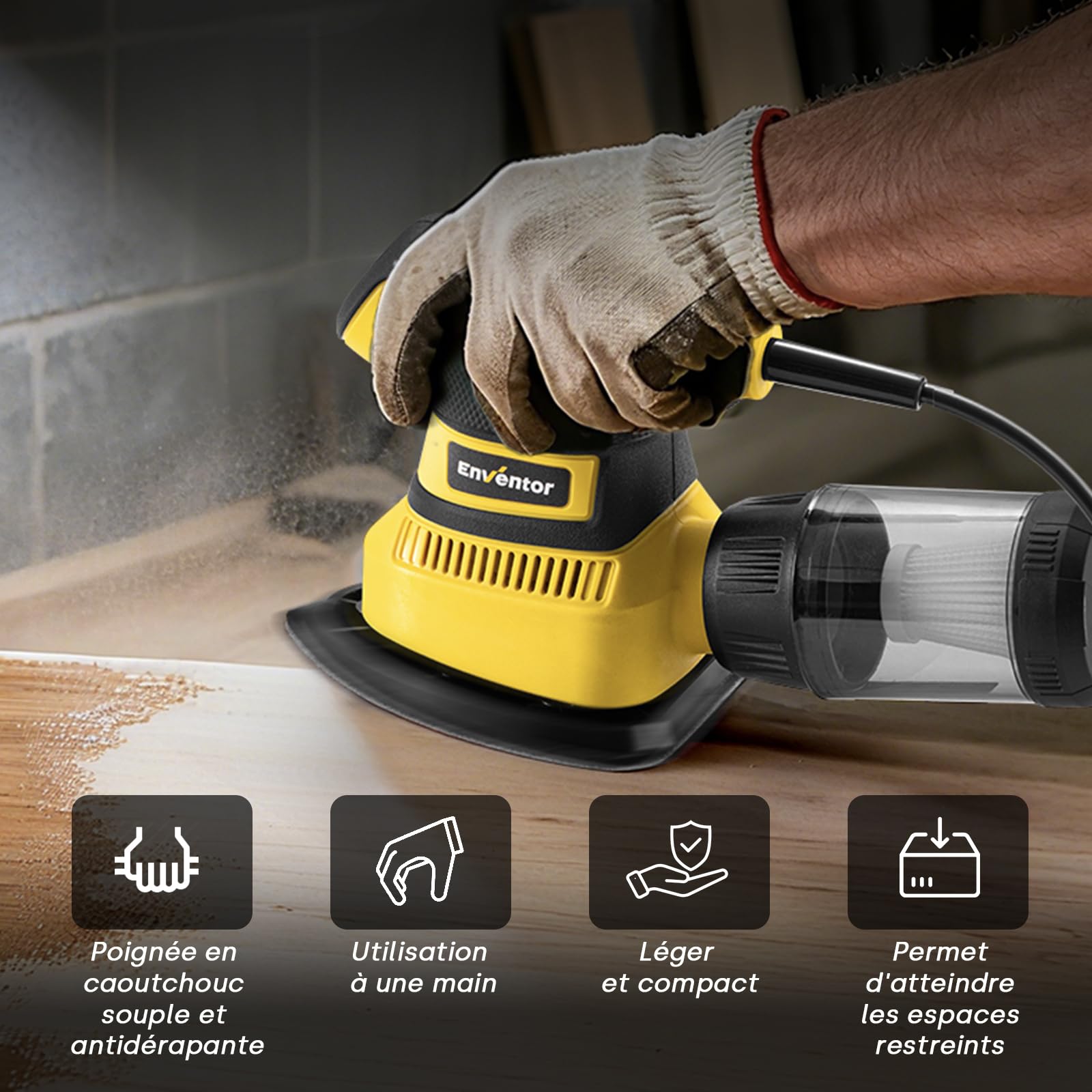 Enventor Ponceuse Excentrique 210W, avec 16 Feuilles Abrasives, 15000 tr/min, Système auto-agrippant, sac à poussière, idéale pour les angles et les Bords, Bois et Métal