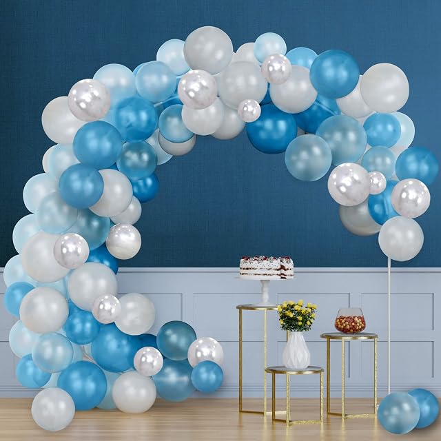 Blue Balloon Arch Kit with Hand Pump, 117PCS Blue White Silver Balloons, For Weddings, Baby Shower Decorations, Birthday Party, Graduation Ceremony, Engagement - Balloon Garland Kit
