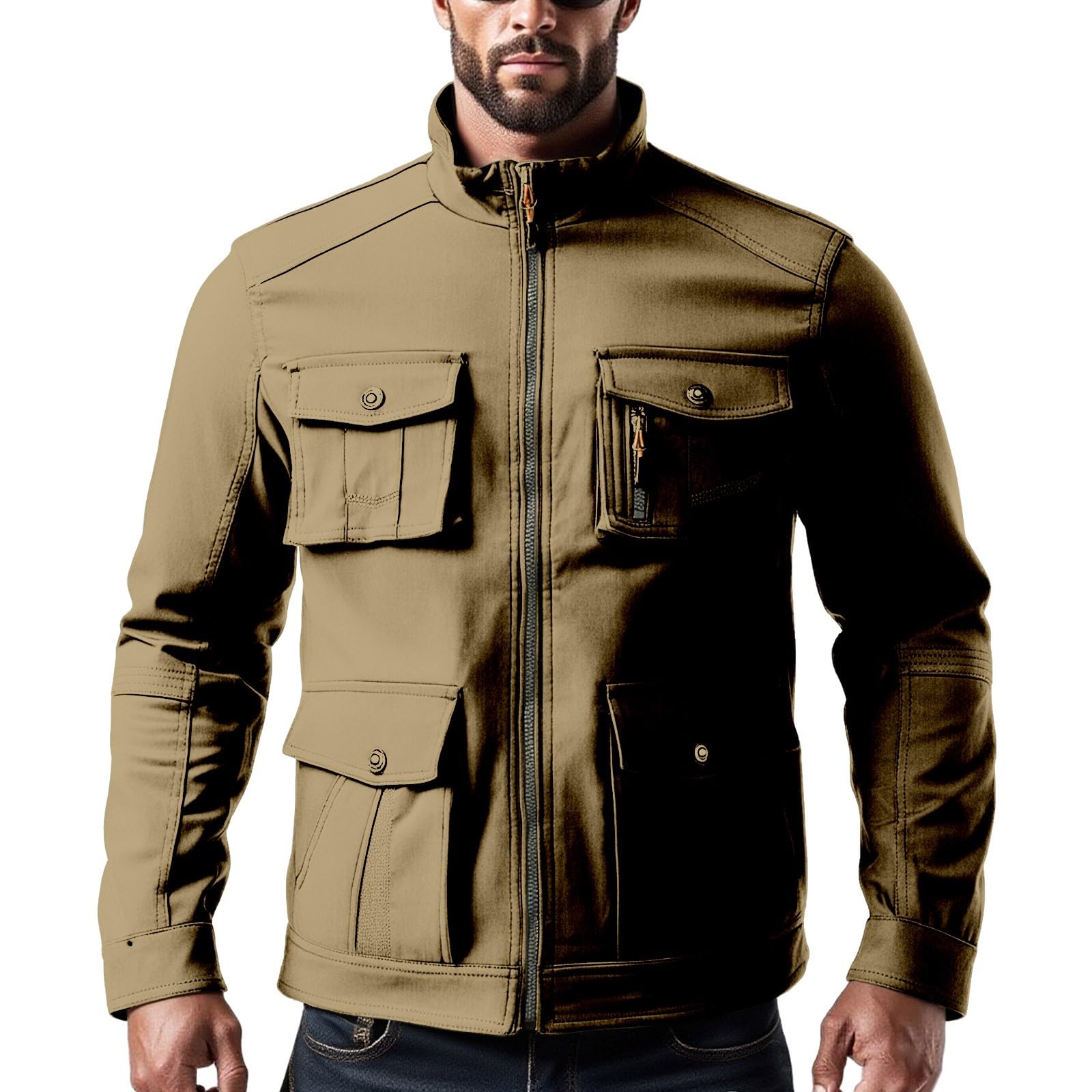 Chaqueta para hombre con múltiples bolsillos, chaqueta militar para hombre, táctica, casual, cuello alto, ropa de trabajo, chaqueta de manga larga, abrigos de ocio, chaquetas con cremallera completa