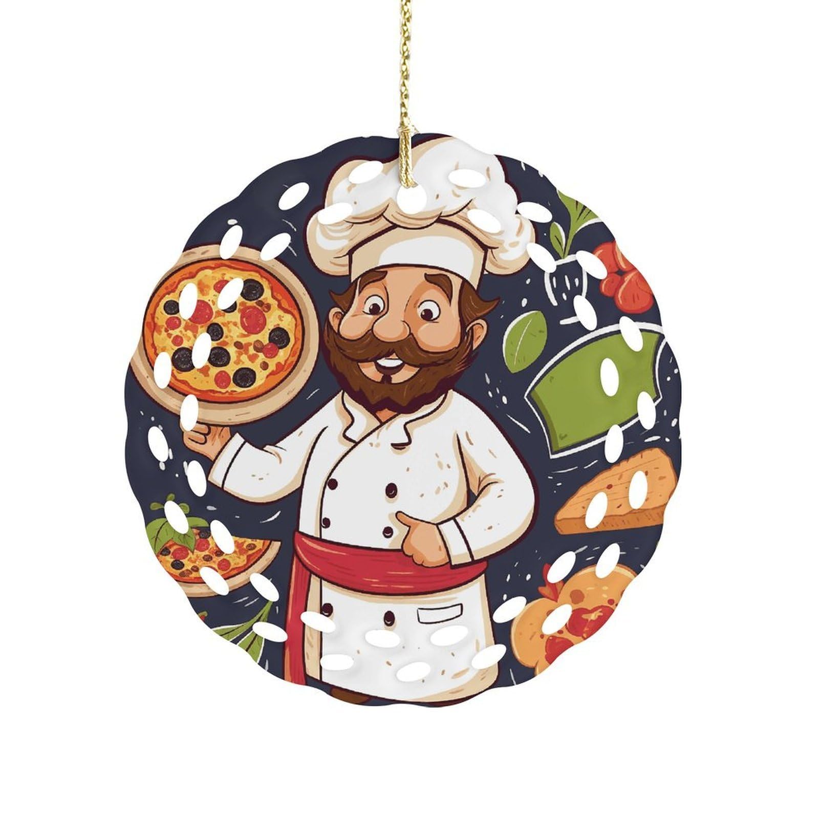 Chef Pizza Christmas Ornament Holiday Hanging Decoration Xmas Tree Keepsake Personalized Xmas Tree Ornament Round Ceramic Ornaments for Keepsake Gifts Ideas Home Decor