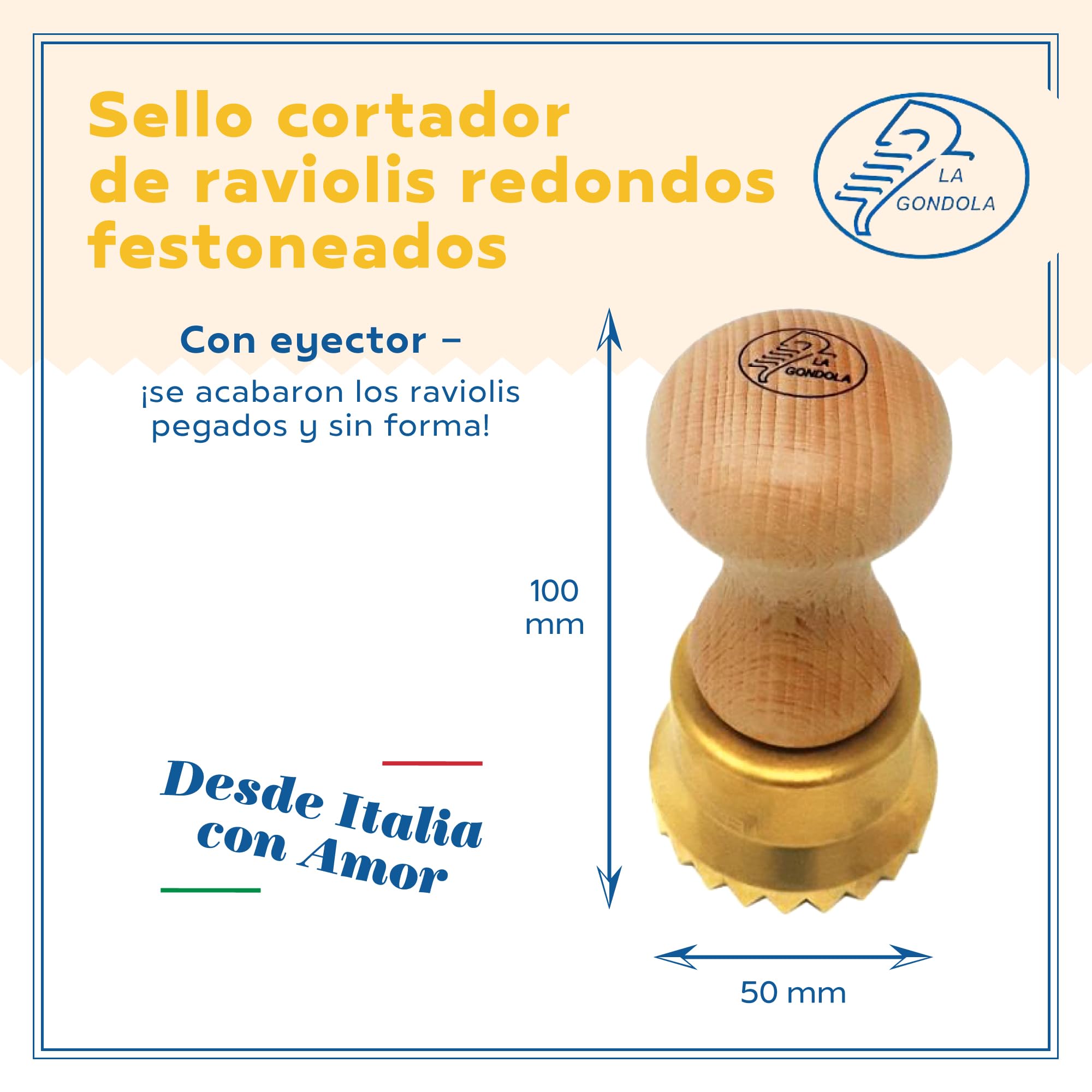 La Gondola Cortador de Raviolis Caseros - Redondo Festoneado 50 mm | Cortapastas de Latón y Madera Natural | Cortador de Pasta Robusto y Fácil de Usar | Utensilios para Pasta Fresca Hechos en Italia