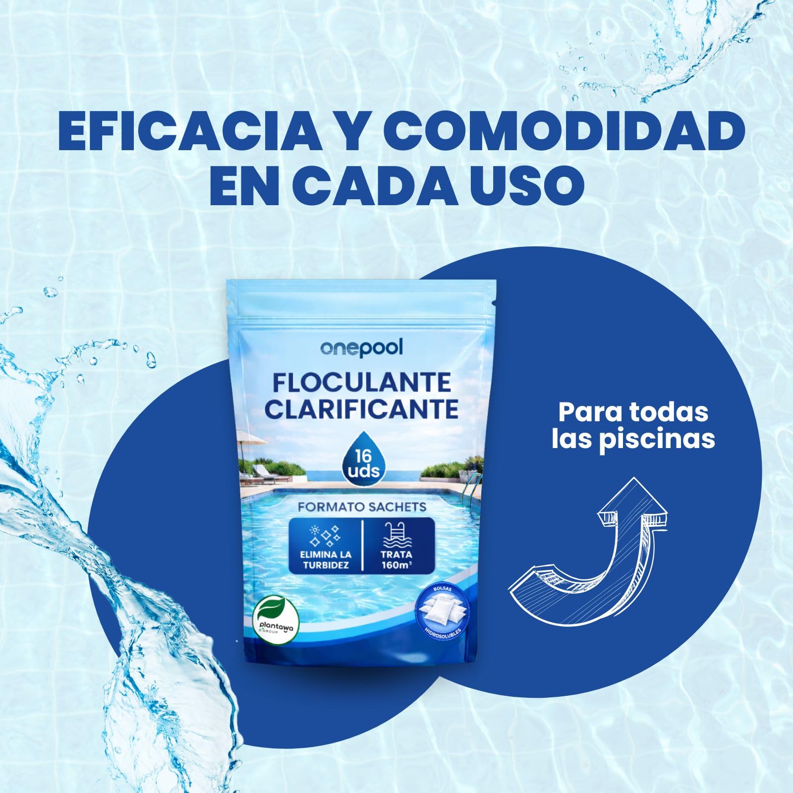 PLANTAWA Flocculante in polvere 16 bustine | Flocculante Chiarificante per Piscine, Equivale 2KG, Eliminatore Turbidità, con Ingredienti Origine Naturale, Vegano, Tutti i Tipi Piscine, SPA