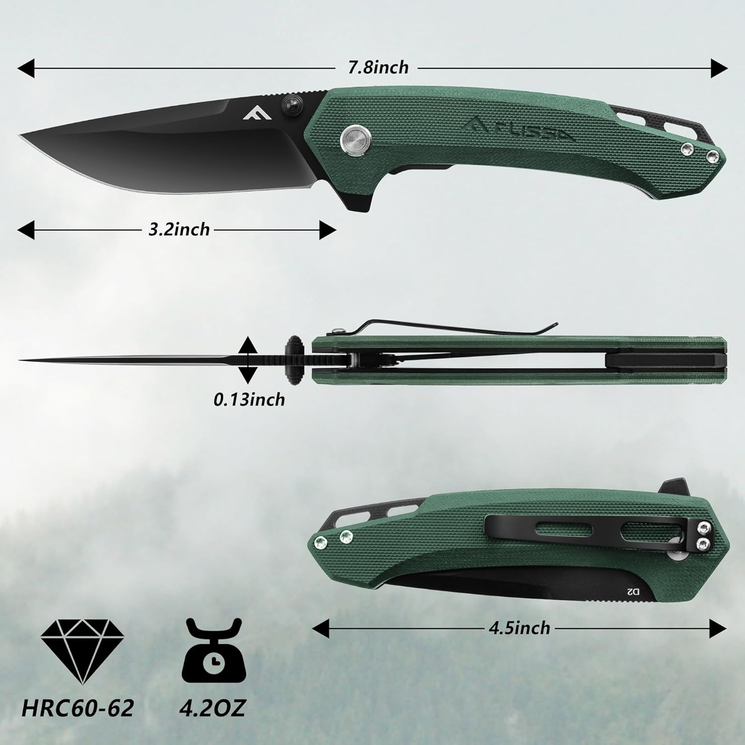 FLISSA Pocket Folding Knife, 3.2” D2 Blade G10 Handle EDC Knife with Pocket Clip Liner Lock for Hunting, Camping, Survival, Outdoor Activities(Green) (Pack of 2)