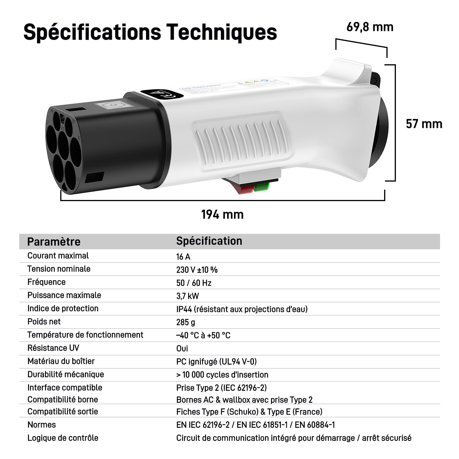 Adaptateur Type 2 vers Schuko pour Bornes de Recharge & Wallbox (230 V, 16 A, 3,68 KW, IP44) | Fiche Type 2 vers Prise Schuko pour Vélo/Trottinette/Moto/Quadricycle Électrique (Pas pour V2L)