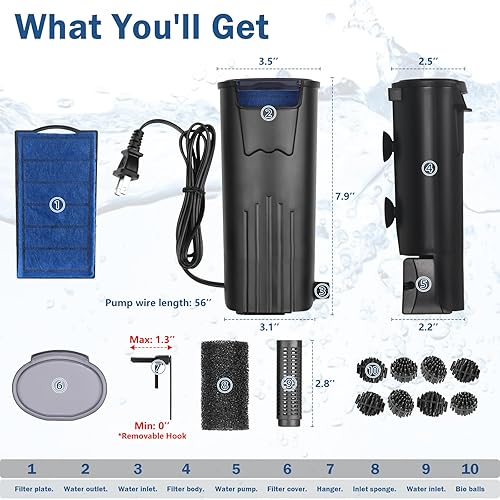 Miniatura 7 de Filtro de tanque de tortuga, filtro interno para tanque de peces de 3 a 20 galones, filtro de biofiltración de bajo nivel de agua, pequeño filtro de