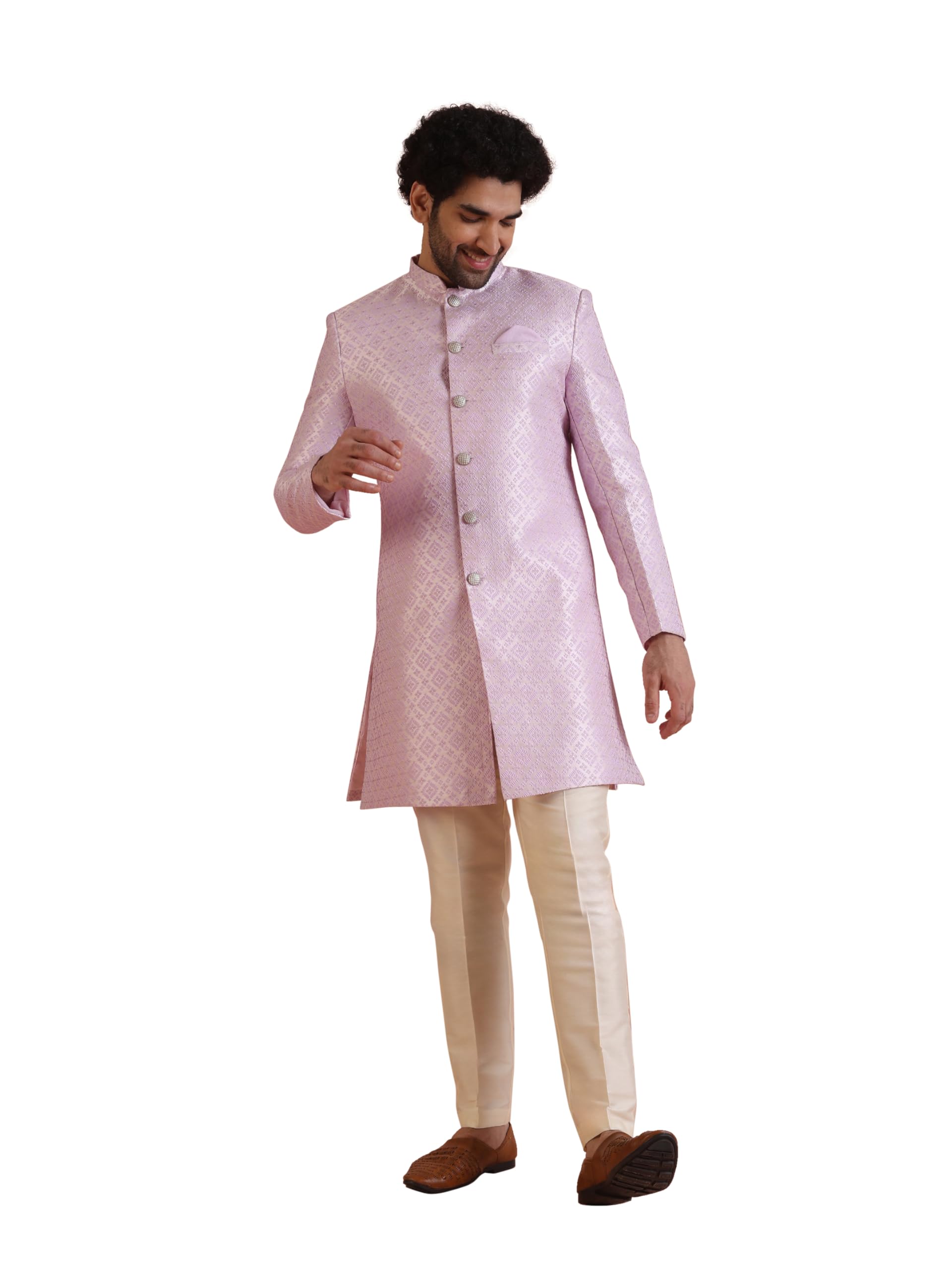 Men's Lilac Woven Design Indowestern Sherwani Trouser Set-image-18