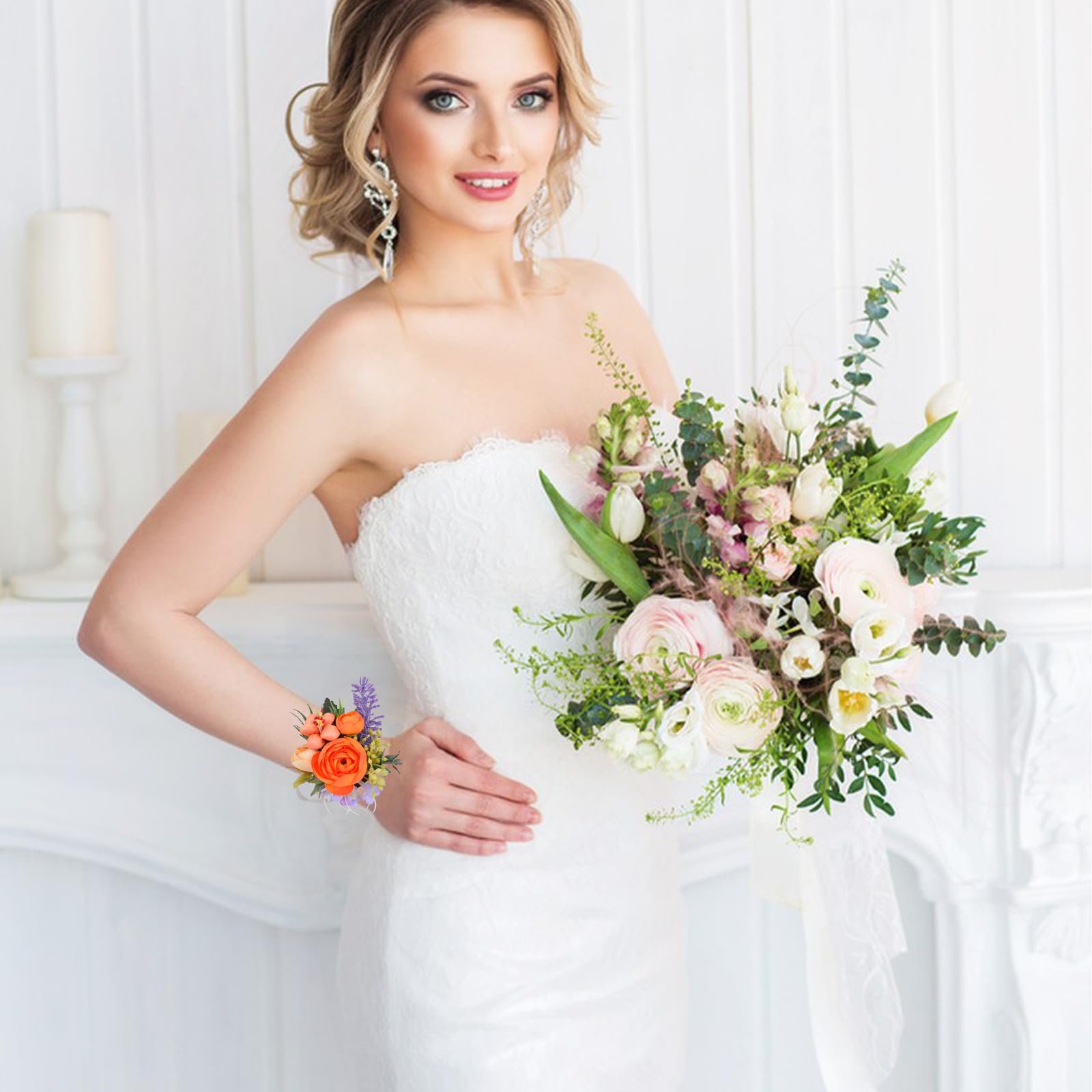 Set Corsage Da Polso E Boutonniere Per Matrimonio – Fiori Finti Arancione, Viola E Verde